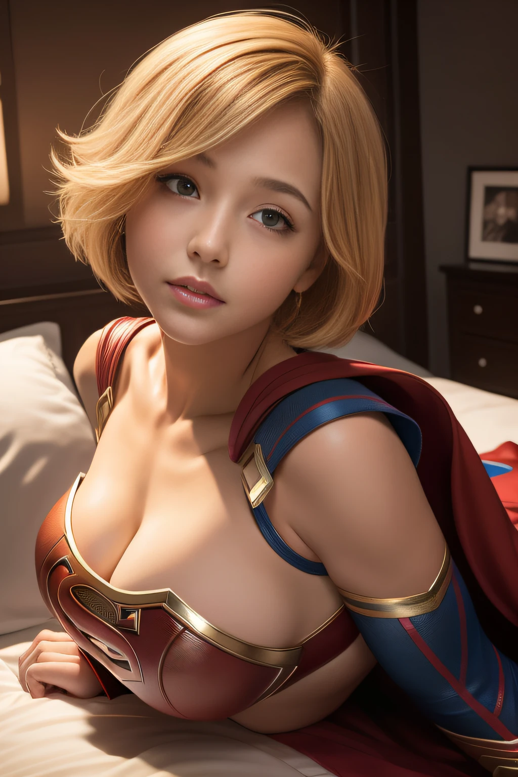 ​masterpiece、Short-haired Supergirl lying face down on bed、large full breasts、Looking at the camera、Glossy costume、s ass