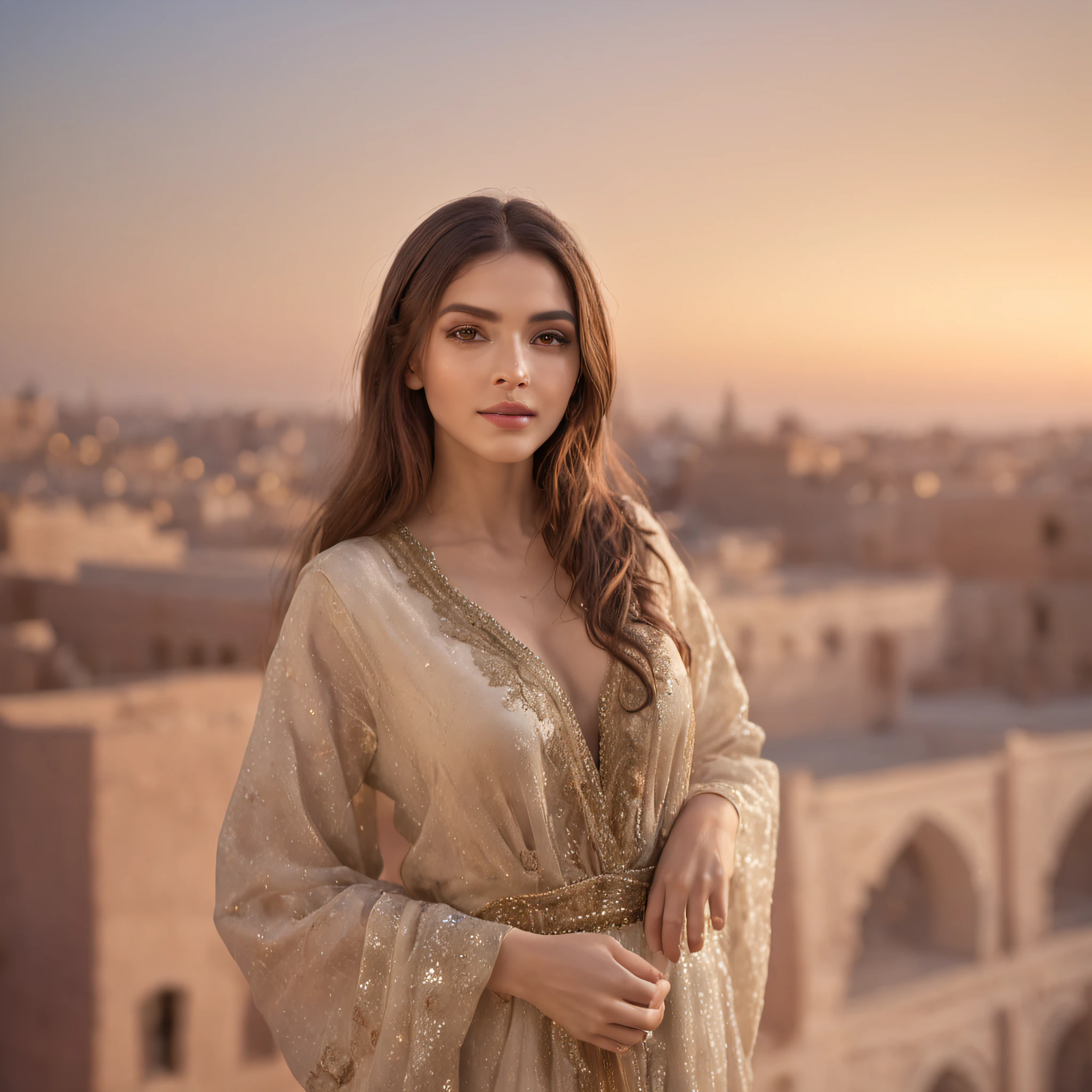 (professional 3d render:1.3) (Realistic:1.3) most beautiful photo in the world, Features soft and shiny, ((Epic fantasy woman, super long hair, cute expression in dynamic pose, Fantastic location, Majestic Moroccan environment)), bright green eyes, closed lips, full body 8k unity render, action shot, sunset lighting, heavyshading, Detailed, Detailed face, (vibrant, photograph realistic, Realistic, Dramatic, Dark, Sharp focus, 8K), (Abaya Jellaba Kaftan:1.4), (Intricate:1.4), decadent, (Highly detailed:1.4), smooth, Sharp focus, realistic, (loish:0.23), (Global illumination, Studio light, volumetric light), fairy lights, particles floating, full body, ((Marrakech city background:1.3)),