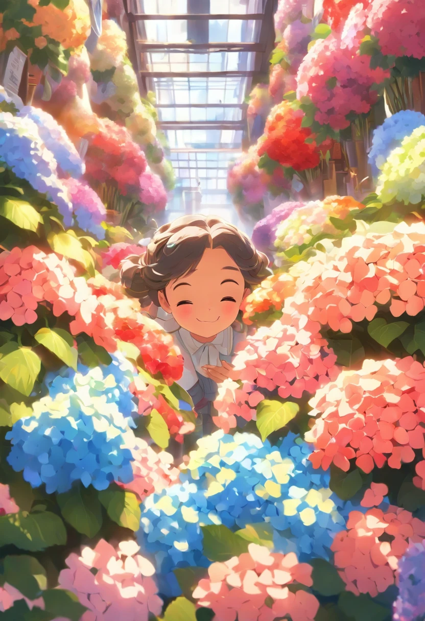 Under the flowers, a smiling little character,