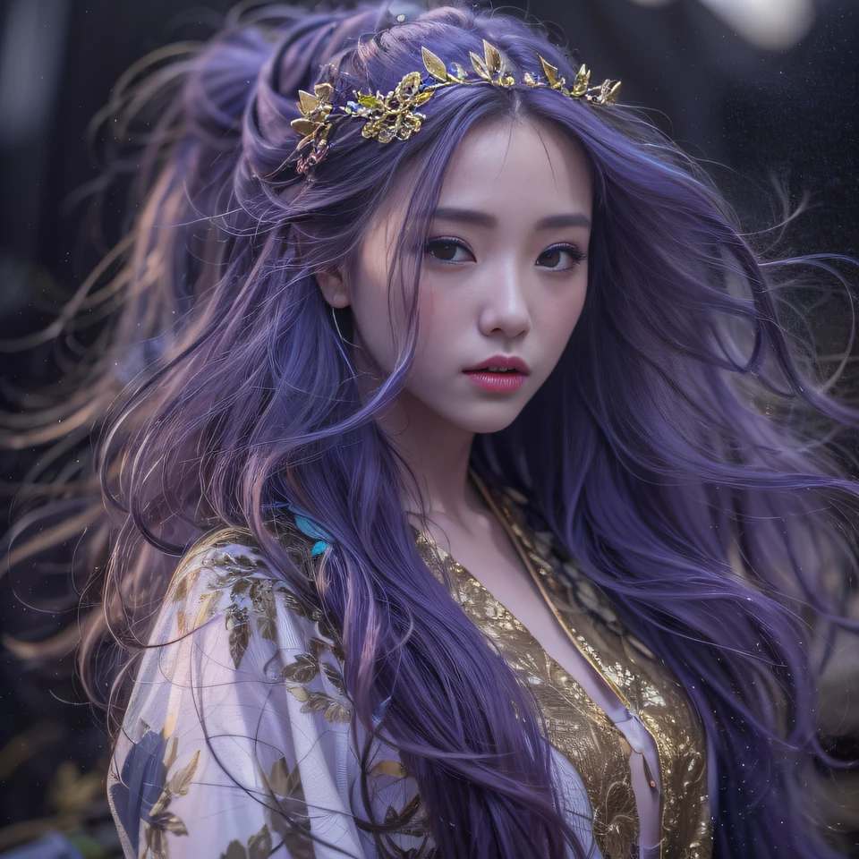 Cornmeal glass 32K（tmasterpiece，k hd，hyper HD，32K）Long flowing bright purple hair，Autumn Pond，zydink， a color， Asian people （Kizi）， （Red scarf）， Combat posture， looking at the ground， long whitr hair， Floating bright purple， Fire cloud pattern gold tiara， Chinese long-sleeved gold silk garment， （abstract ink splash：1.2）， white backgrounid，Lotus protector（realisticlying：1.4），Bright purple hair，Smoke on the road，The background is pure， A high resolution， the detail， RAW photogr， Sharp Re， Nikon D850 Film Stock Photo by Jefferies Lee 4 Kodak Portra 400 Camera F1.6 shots, Rich colors, ultra-realistic vivid textures, Dramatic lighting, Unreal Engine Art Station Trend, cinestir 800，Long flowing bright purple hair