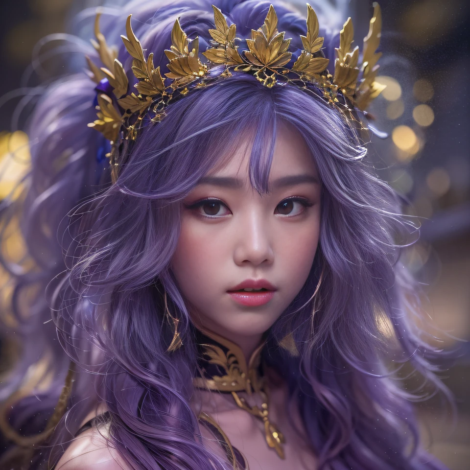 Cornmeal glass 32K(tmasterpiece,k hd,hyper HD,32K)Long flowing bright purple hair,Autumn Pond,zydink, a color, Asian people (Kizi), (Red scarf), Combat posture, looking at the ground, long whitr hair, Floating bright purple, Fire cloud pattern gold tiara, Chinese long-sleeved gold silk garment, (abstract ink splash:1.2), white backgrounid,Lotus protector(realisticlying:1.4),Bright purple hair,Smoke on the road,The background is pure, A high resolution, the detail, RAW photogr, Sharp Re, Nikon D850 Film Stock Photo by Jefferies Lee 4 Kodak Portra 400 Camera F1.6 shots, Rich colors, ultra-realistic vivid textures, Dramatic lighting, Unreal Engine Art Station Trend, cinestir 800,Long flowing bright purple hair