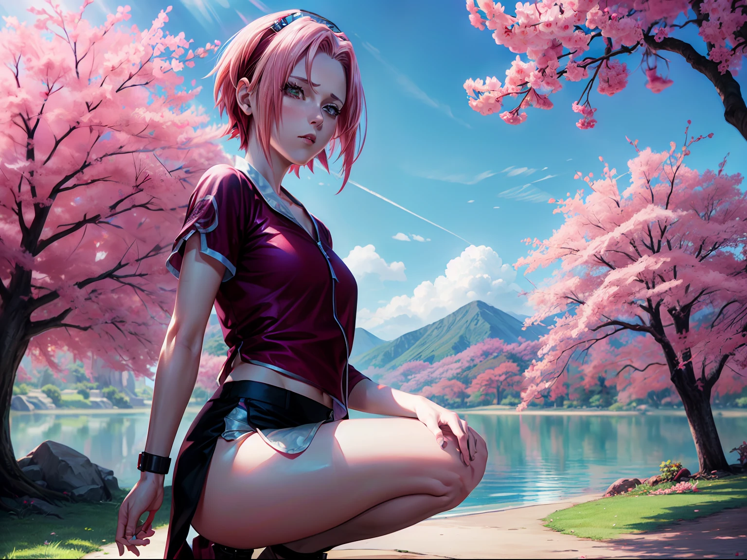 sakura haruno, ((4k, master part, alta qualidade, detalhe)), short hair, Camisa vermelha sem mangas, black thigh shorts, Mostrando suas axilas, squatting, mostrando-lhe , Floresta, ((majo)), anime Naruto shipudden