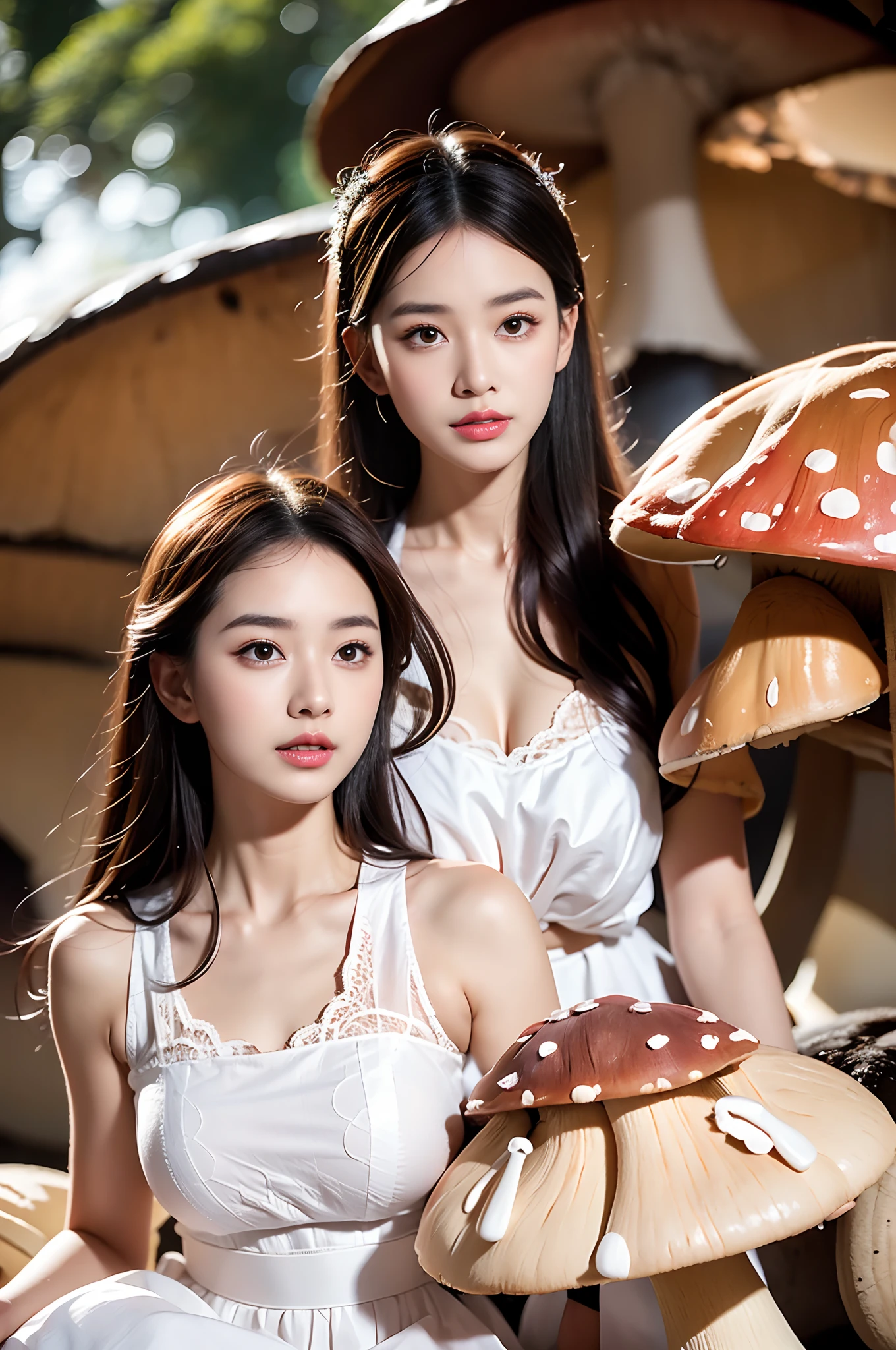 similing,Face focus,(alebrijes art style), （a couple of lesbians:1.4) sitting together on a (giant mushroom:1.4),fantastical world,fantasy,lewd,leering:1.3,Masterpiece, Best quality, intricately details, absurderes,,(ulzzang-6500-v1.1,pureeroface_v1,octane rendering)