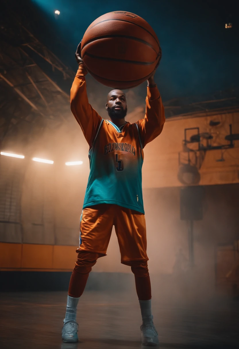 cosmonauta em uma jaqueta de bombardeiro saltando em gravidade zero,com uma bola de basketball na mao