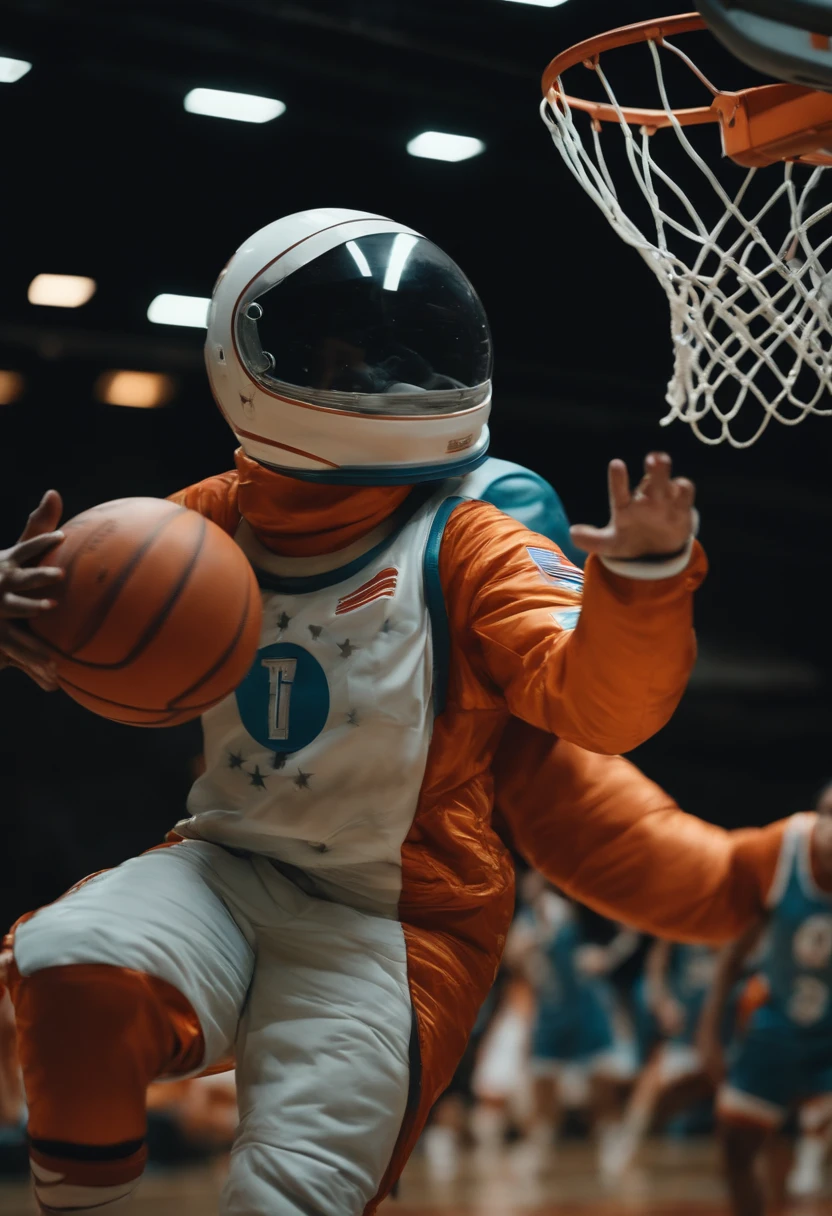 cosmonauta em uma jaqueta de bombardeiro saltando em gravidade zero,com uma bola de basketball na mao