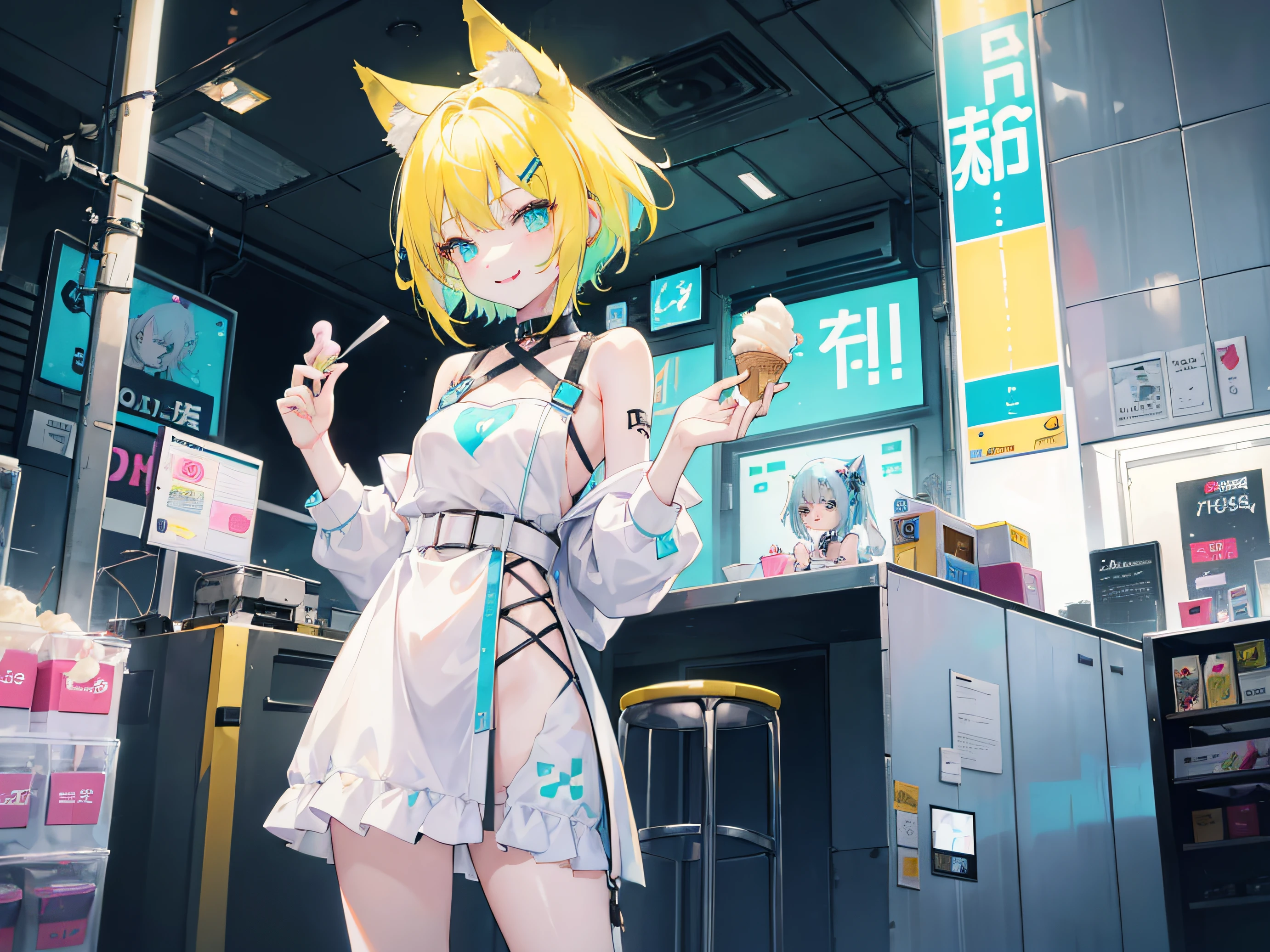 1 girl, pastel colours, yellow hair strokes, Cyan eyes, Short Hair Hair, Small cat ears, Cyberpunk clothes, A lot of hairpins on the hair, Shoulders open, Hands open, skinny waist, Happy smile with long tongue sticking out, Long tongue, holding ice cream in his hands, little chest, small girl, Ice cream stall, Nature