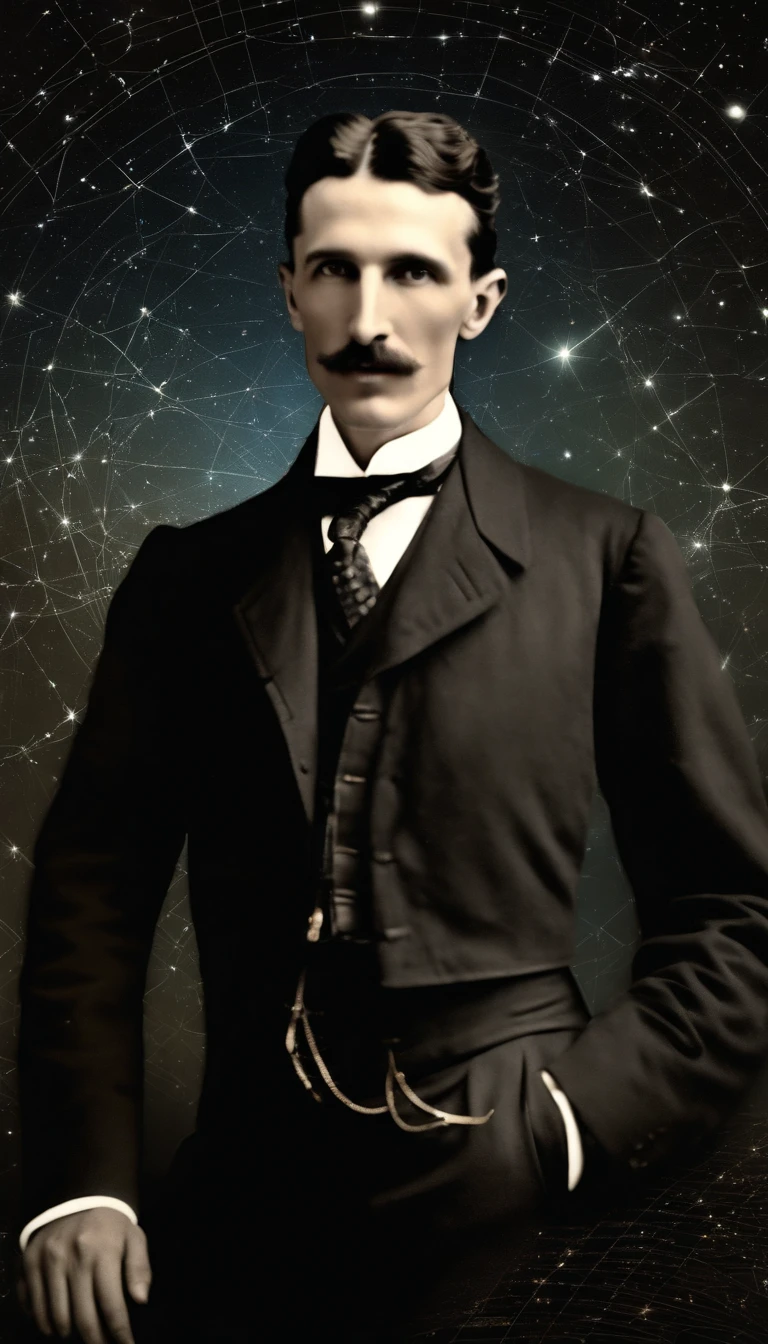 um homem, foto retrato (Nikola Tesla), 30 anos, grande sorriso, dreamy look with a lot of hope, Hologram dated of mathematical formulas, Stars and galaxies in the background, Vestido dos anos 30, cena detalhada, anatomia exata, Rosto exato, Ambiente escuro.