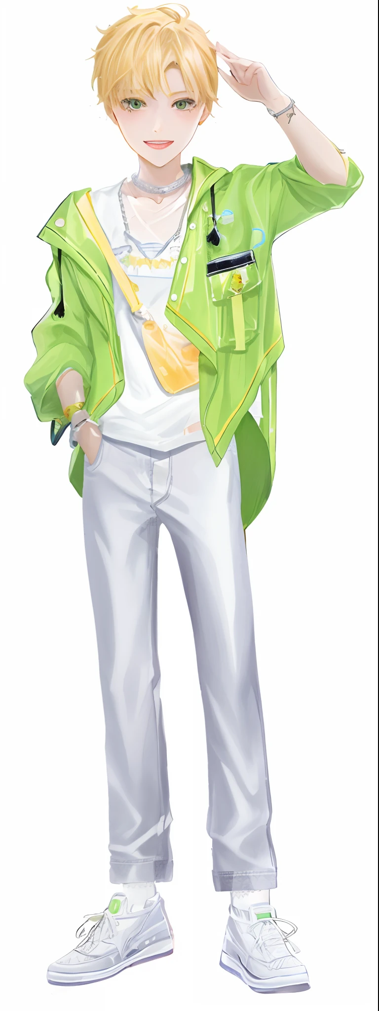 Pubic area is clear，filigree，white pantie，Green coat，white under lingerie，Yellow hair，choker necklace