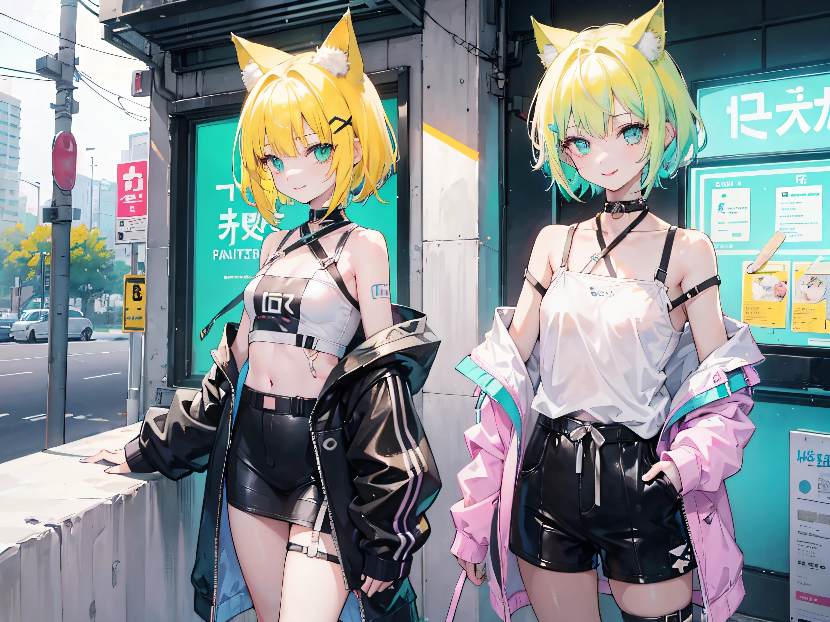 1 girl, pastel colours, yellow hair strokes, Cyan eyes, Short Hair Hair, Small cat ears, Cyberpunk clothes, A lot of hairpins on the hair, Shoulders open, Hands open, skinny waist, Happy smile with long tongue sticking out, Long tongue, holding ice cream in his hands, little chest, small girl, Ice cream stall, Nature