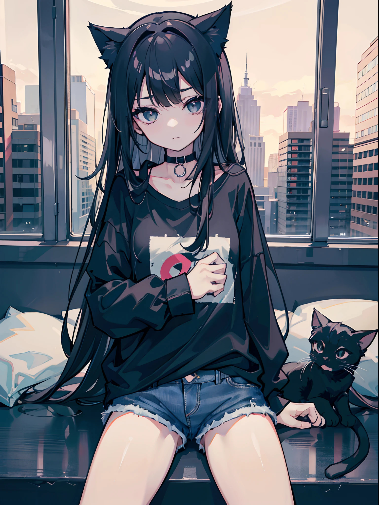 1girl, Long black hair, cat Ears, Black eyes, perfect face, wearing plain black shirt, denim shorts, rainy, window,absurdres, high res, ultra sharp, 8K, masterpiece, looking at viewer