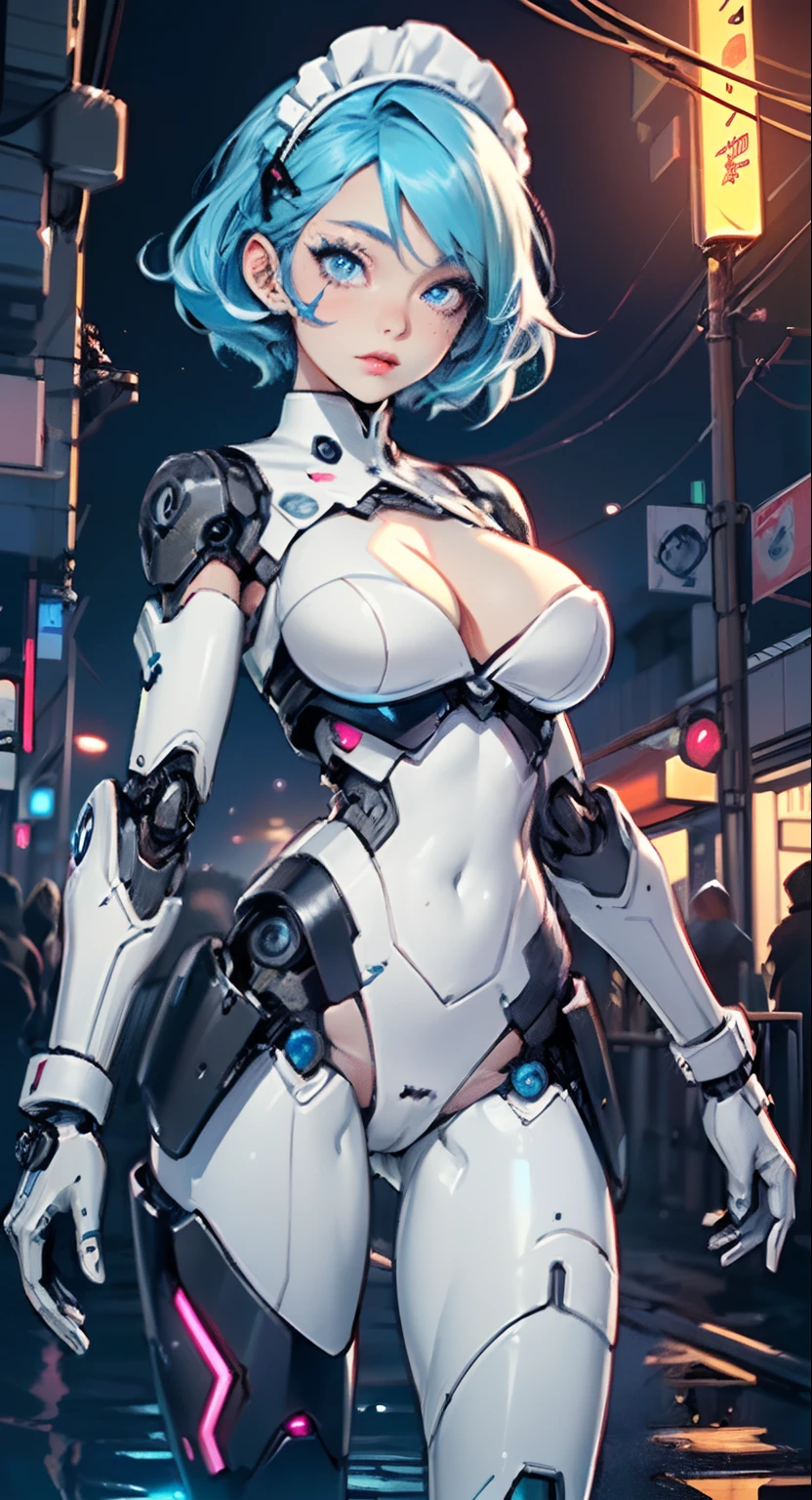 reelmech,(cyborg girl),(cyborg girl:1.5),
maid android,(((1girl))),((mechanical robot girl with extremely cute and beautiful pale blue hair)),

(large breasts:1.4),saggy breasts,(((pale blue bob hair:1.35,colored inner hair,short hair,ear breathing))),(((doll))) ,((((pale blue eyes,pale white skin,doll joints:1.5,mechanical hands:1.5,silver armored dress,tesla coils,maid mechanical doll:1.5,Body of a machine:1.5,metallic skin,ball joint,no facial features,cyborg:1.5, robotic parts:1.5,robot:1.5)))),((blue eyes:1.3,upturned eyes:1.3,perfect eyes,beautiful detailed eyes,gradient eyes:1,finely detailed beautiful eyes:1,symmetrical eyes:1,big highlight on eyes:1.2)),((fat)),(((lustrous skin:1.5,bright skin: 1.5,skin tanned,shiny skin,very shiny skin,shiny body,plastic glitter skin,exaggerated shiny skin,illuminated skin, wet legs))),(spider lower abdomen,narrow waist,wide hip,detailed body,(detailed face)),((Mechanical joints: 1.4,Mechanical limbs)),

cute,slutty,seductive,erotic,(((nsfw))),

(maid headdress),bare_shoulders,delicate metal decorations,Headdress,(maid),sleeveless,miniskirt,boots,cleavage_cutout,bare_legs,((wet clothes,detailed outfit,detailed clothes)),

(dynamic pose:1.0),embarrassed,(centered,scale to fit dimensions,Rule of thirds),

cyberpunk city by the ocean at night, with bright neon signs and dark stormy clouds and puddles,

High resolution, sharp focus, (ultra detailed, extremely detailed), (photorealistic artwork:1.37), 8k wallpaper,((synthwave background theme)),(((vibrant colors,))),(intricate),masterpiece,(best quality),synthwave neon colors,