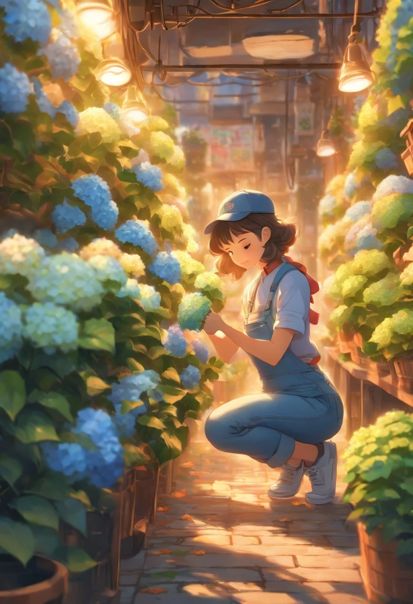Flower shop、A girl in denim worker pants is tending to hydrangeas