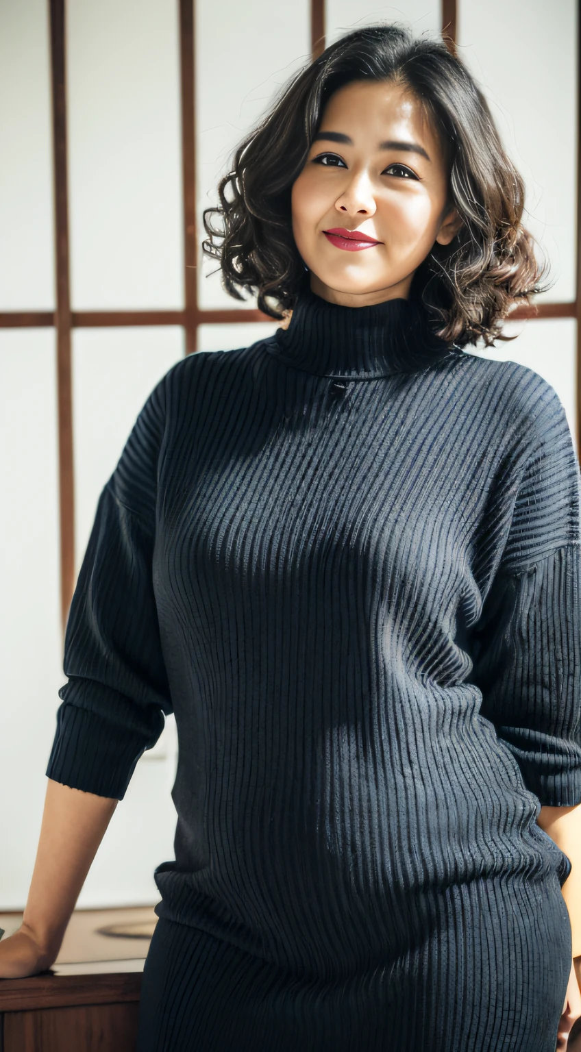 ((Best quality, 8K, Masterpiece, Portrait: 1.3)), (View viewers), Photorealism, Sharp focus, Solo, The Moro Islamic Liberation Front of Japan, Beauty, 28 years old, Curly hair, (with a plump figure). Perfect proportions, high-necksweater ((standing on one leg)), Room,