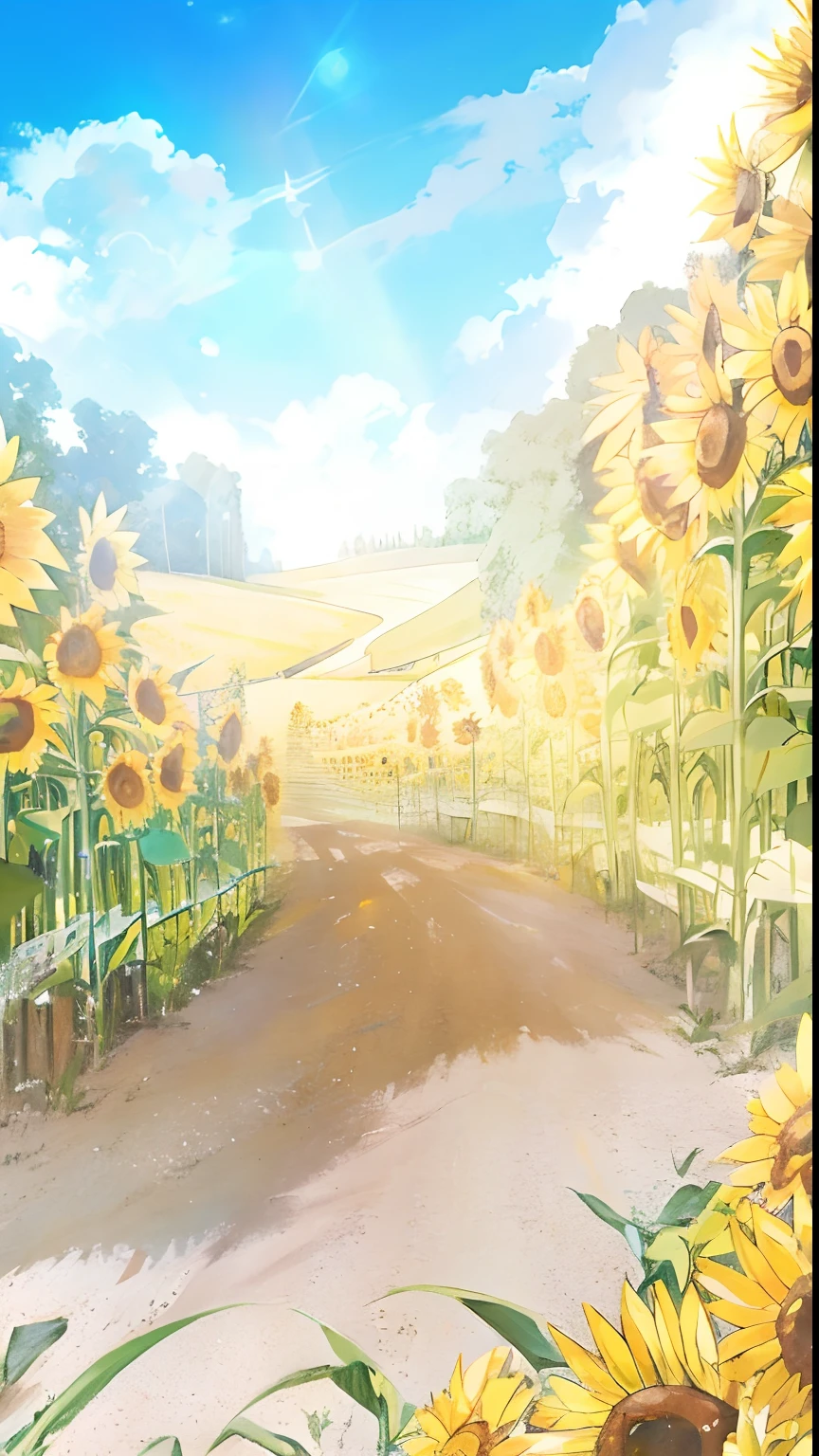 There is a painting of a sunflower field with a road, Anime background art, anime backgrounds, beautiful sunflower anime girl, anime countryside landscape, anime beautiful peace scene, scene : Sunflower field, scene: Sunflower field, beautiful anime scenery, beautiful anime scenes, um dia ensolarado, Anime landscapes, On a sunny day, bright sunny summer day, sunflowers in the background