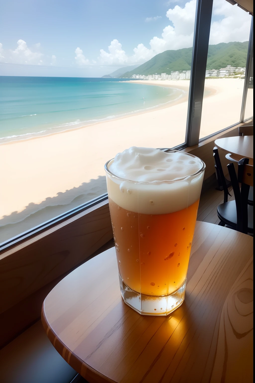 The beach seen from a stylish café on a hill、cafe terrace、Craft beer、the morning sun、shining water surface、gentle waves、White sandy beach、A small plane is flying