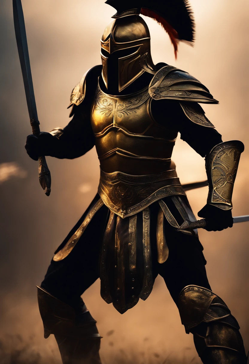 spartan warrior, fighting , stunning armor, black gold armor, epic, 8k