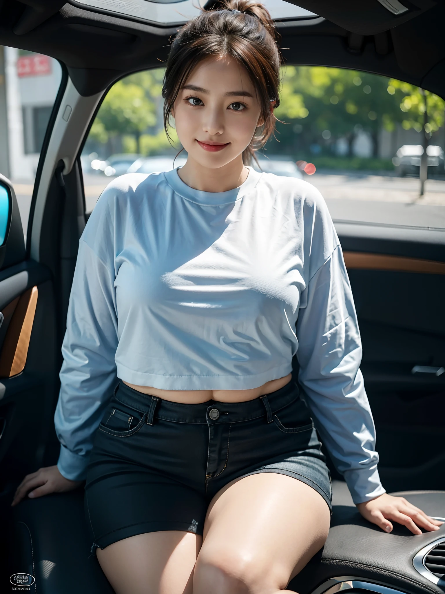 ((small underboob,Tomboyish,small heads)), (short-length straighthair: 1.2), Black hair,short ponytail hair，Upper body, （极其细致的CG 8k壁纸），（Extremely refined and beautiful），（Masterpiece），（best qualtiy：1.0），（超高分辨率：1.0），beautiful light up，Perfect lightning，realistic shaded，[A high resolution]，Smooth and flawless fair skin，ultra - detailed，A girl with obesity，plump figure，(small breasts:1.1)，flat chest，Obesity，（fat：1.3），（Thick waist：1.3），（giantic belly：1.3），flab，Thick arms, thick legs，（huge hips：1.3），big fat Face，Smile，cheerfulness，（Light blue long sleeved shirt:1.1），（black shorts：1.1），White sneakers，Summer，morning，sitting  a spacious private car，a female driver，Place both hands on the steering wheel，Driving a car，Wearing glasses, looking ahead，Short ponytail，close shot，nfsw，