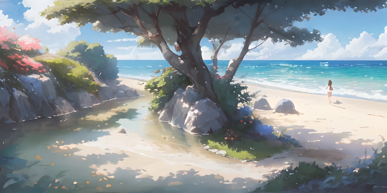 landscape, summer, blue sky, okinawa, private beach, cove, sea, uninhabited, beach, nobody, hot weather, sun, HD detail, ultra detail, film, hyperrealism, soft light, deep focus bokeh, ray tracing, gwise on art station pixiv, makoto shinkai, art germ, The Garden of Words