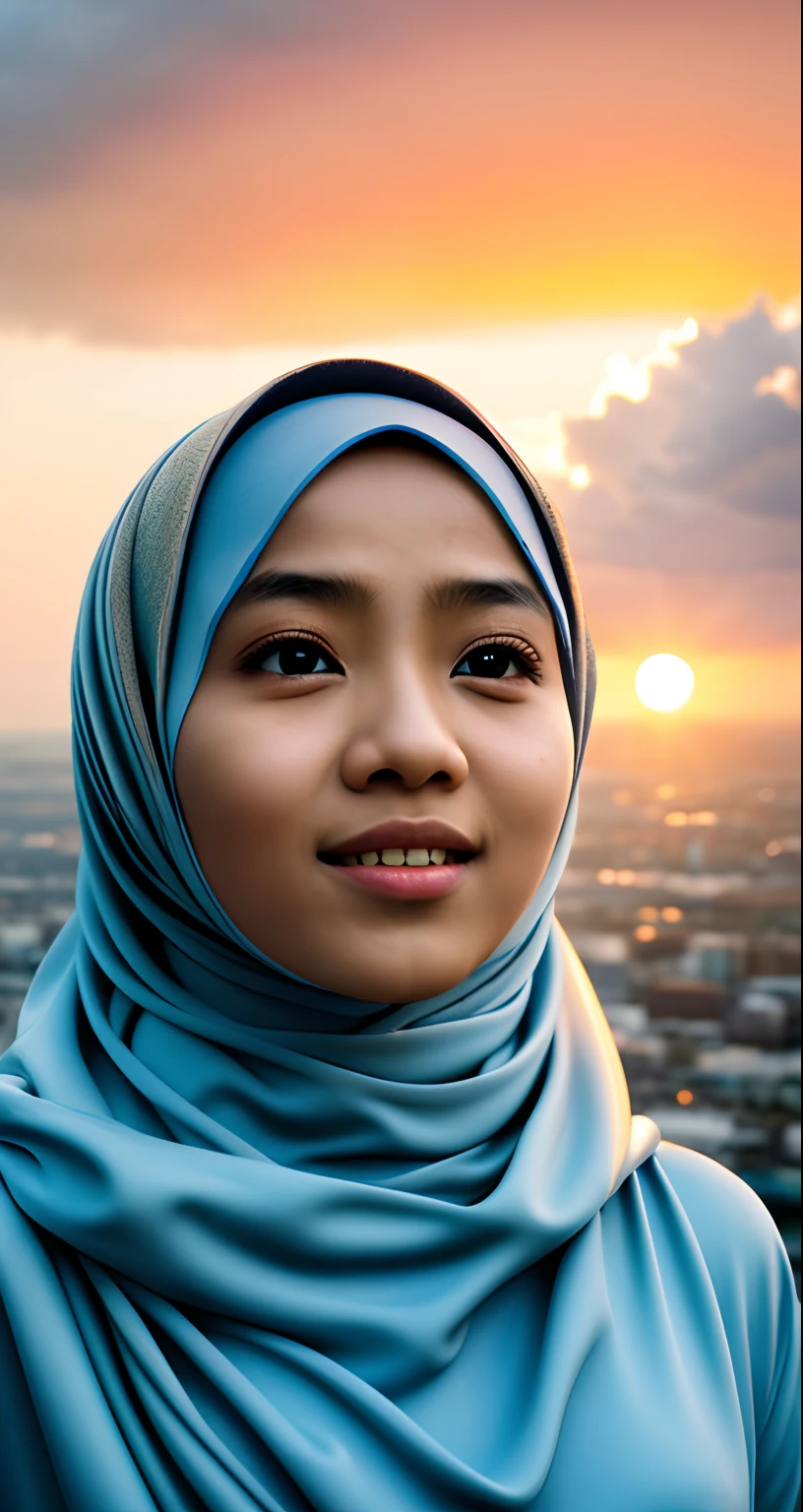 masterpiece, best quality, movie still, 1 malay girl in blue hijab, cloud girl, floating in the sky, close-up, bright, happy, warm soft lighting, sunset, (sparks:0.7)