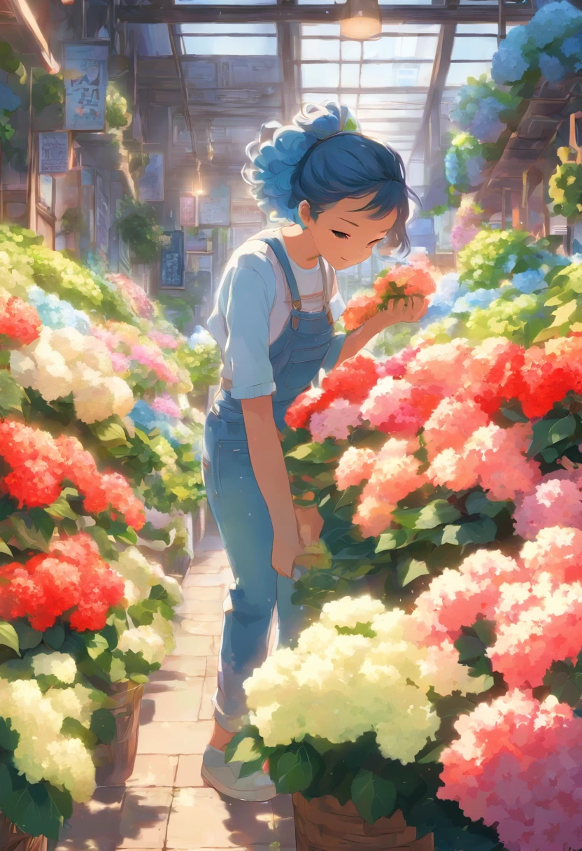 Flower shop、A girl in loose denim worker pants tending to hydrangeas