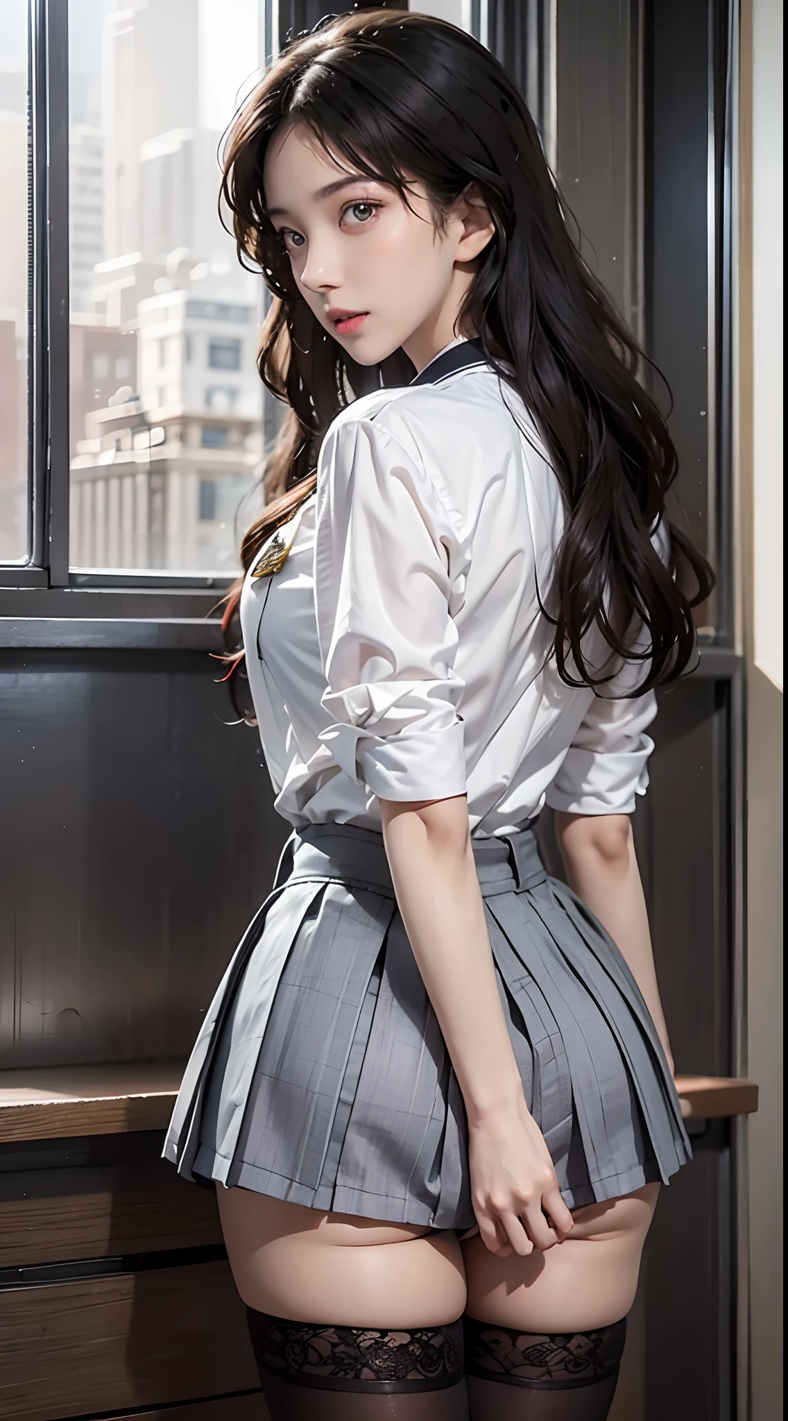 photorealistic, high resolution, soft light,1women, solo, hips up, (detailed face), jewelry, Mori Ran,(black hair, long hair, wavy hair), school uniform, back view