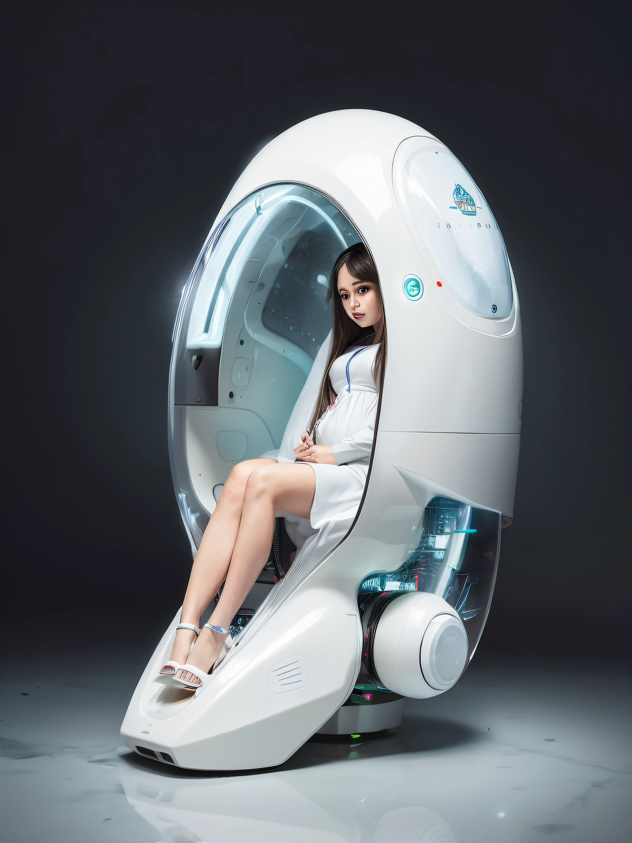 Arafed woman sitting in a futuristic vehicle with a laptop, sitting on top of a cryopod, cyborg branca bonita, robotic body, muito futurista, meninaa ciborgue, ciborgue - menina, futu robot body, artificial intelligence princess, modelo de moda ciborgue, gadgets futuristas, uma imagem de um belo ciborgue, incubadora medpods, menina ciborgue, pt female cyborg