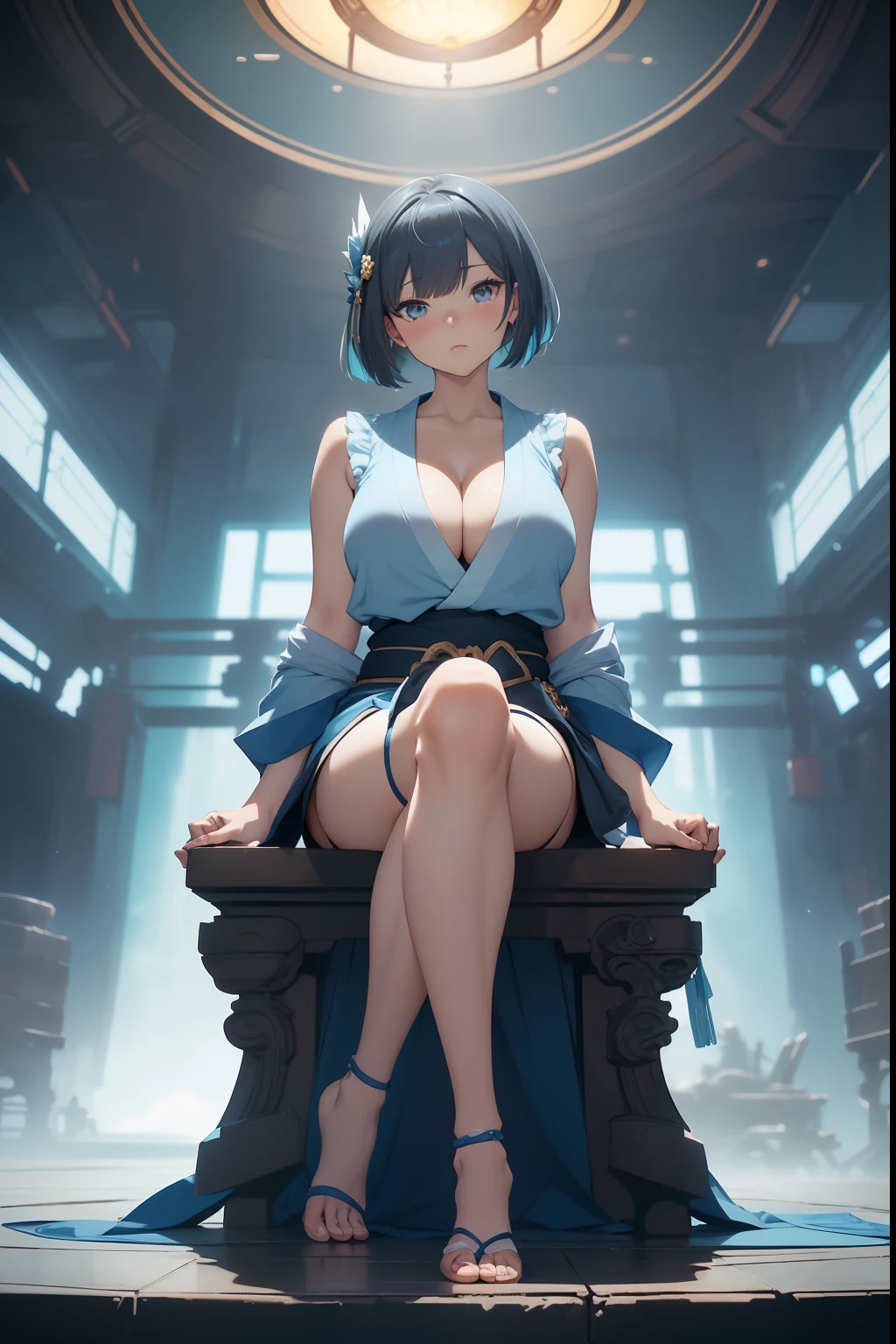 (masterpiece, best quality, photorealistic, cinematic), expressive eyes, perfect face, perfect hands, ((large cleavage)), long round legs, round ass, (((anime girl sitting crossed legs in a form-fitting light blue and sleeveless kimono-style blouse, tied with a dark obi around her waist and short deep blue shorts))), (black-haired mage, a gentle short hairstyle), seductive anime girl, Ayaka genshin impact, extremely detailed artgerm, from girls frontline, range murata and artgerm, xianxia, style artgerm, beautiful alluring anime woman, thicc, guweiz on artstation pixiv, ((panty)), (((1 knee up:1.2))), ((medium shot, front view, from below)), ((dynamic background)), ((nude)), ((naked))