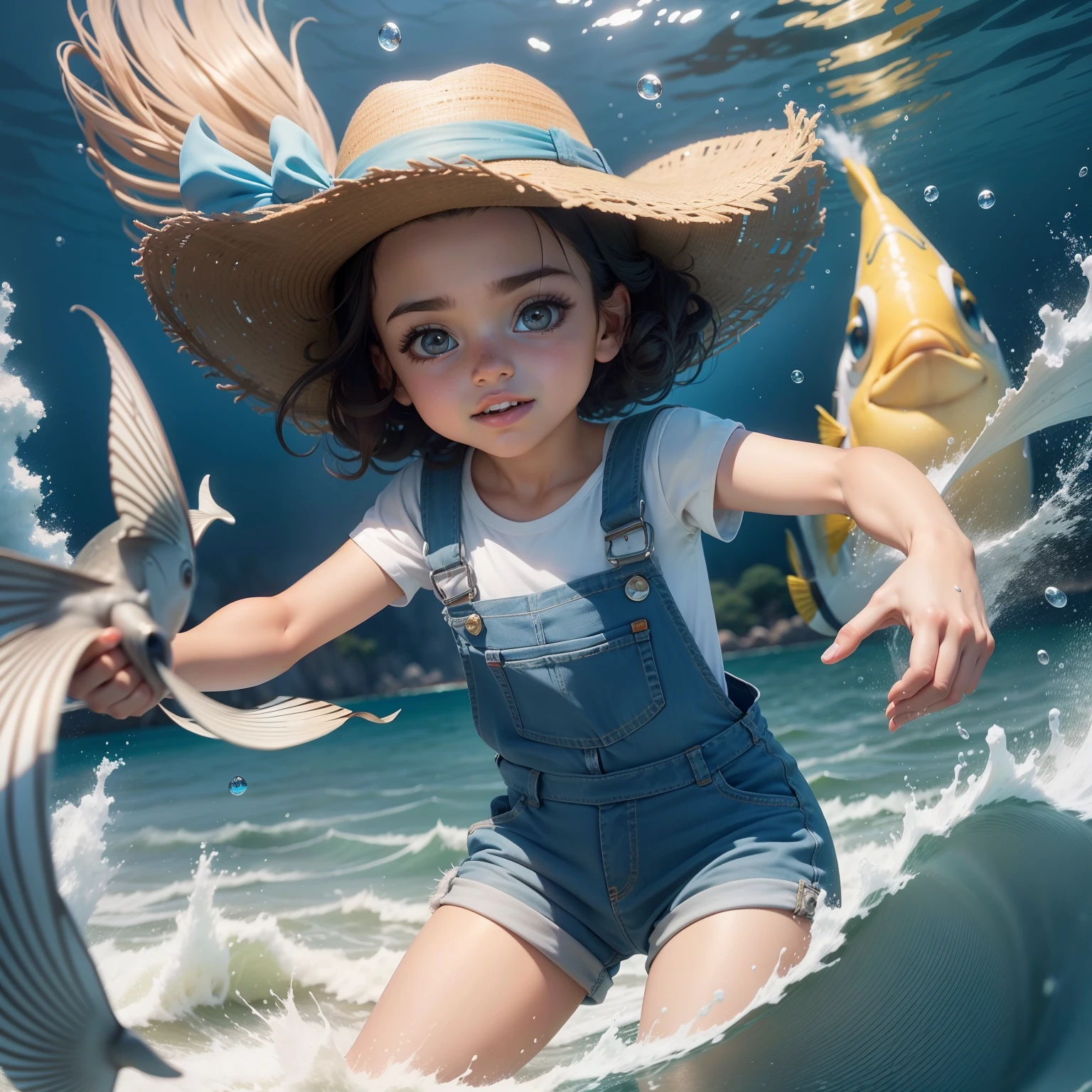 Menina de 8 anos, no fundo do mar, nadando com os peixes, wearing overalls, qualidade de imagem do filme，Disney Animation，Disney animated films, cabelos ruivos, olhos grandes