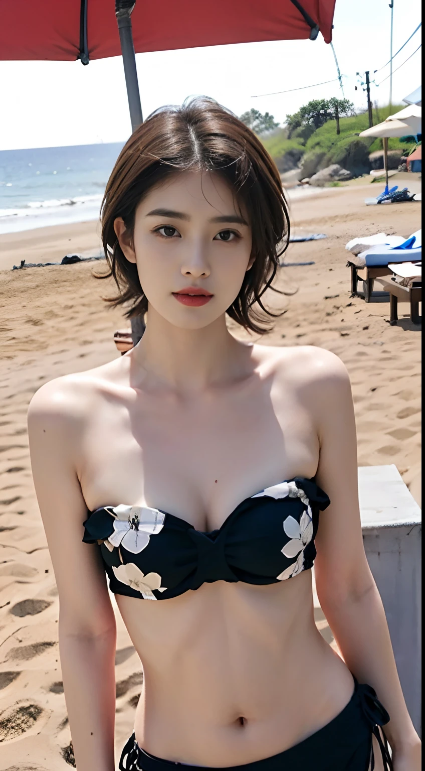 , Short hair, Cute face, Tempered body, Sexy belly、Bikini,Beautiful girl(One girl),beach