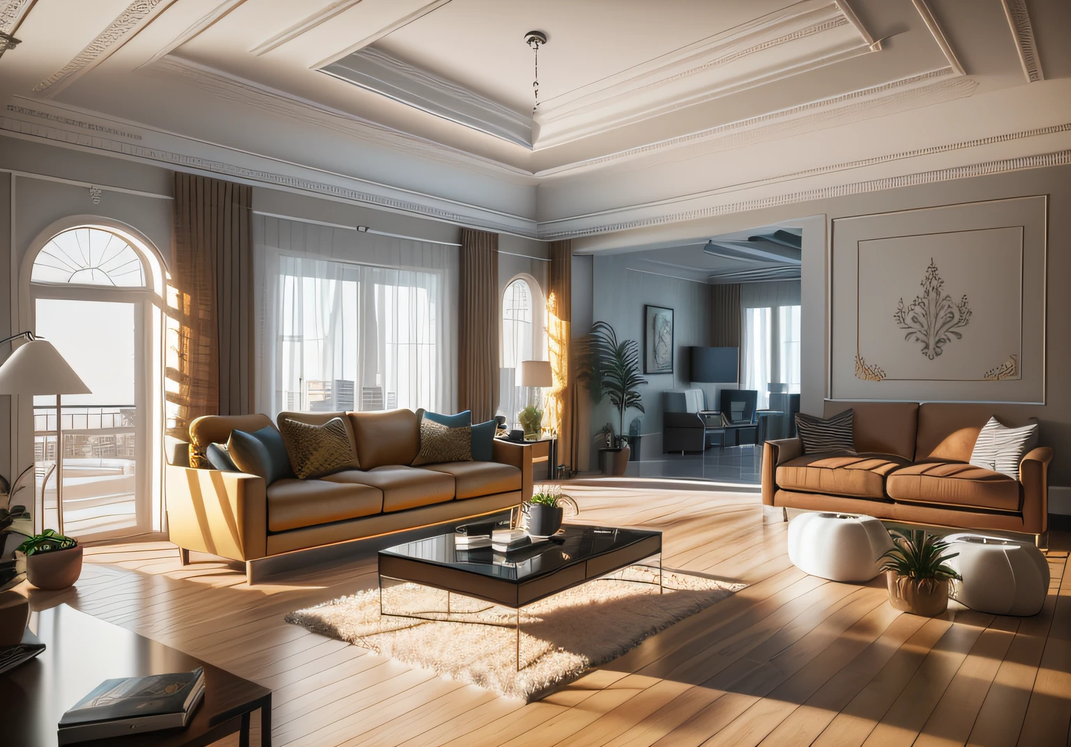 a drawing of a living room with a couch, chair, coffee table and television, 3 d point perspective, archviz, building rendering, realistic 3 d style, detailed renderings, 3 d perspective, interior design background, dramatic rendering, concept eclectic, conceptual drawing, Architectural illustration, interior living room, living room interior design, Interior design details