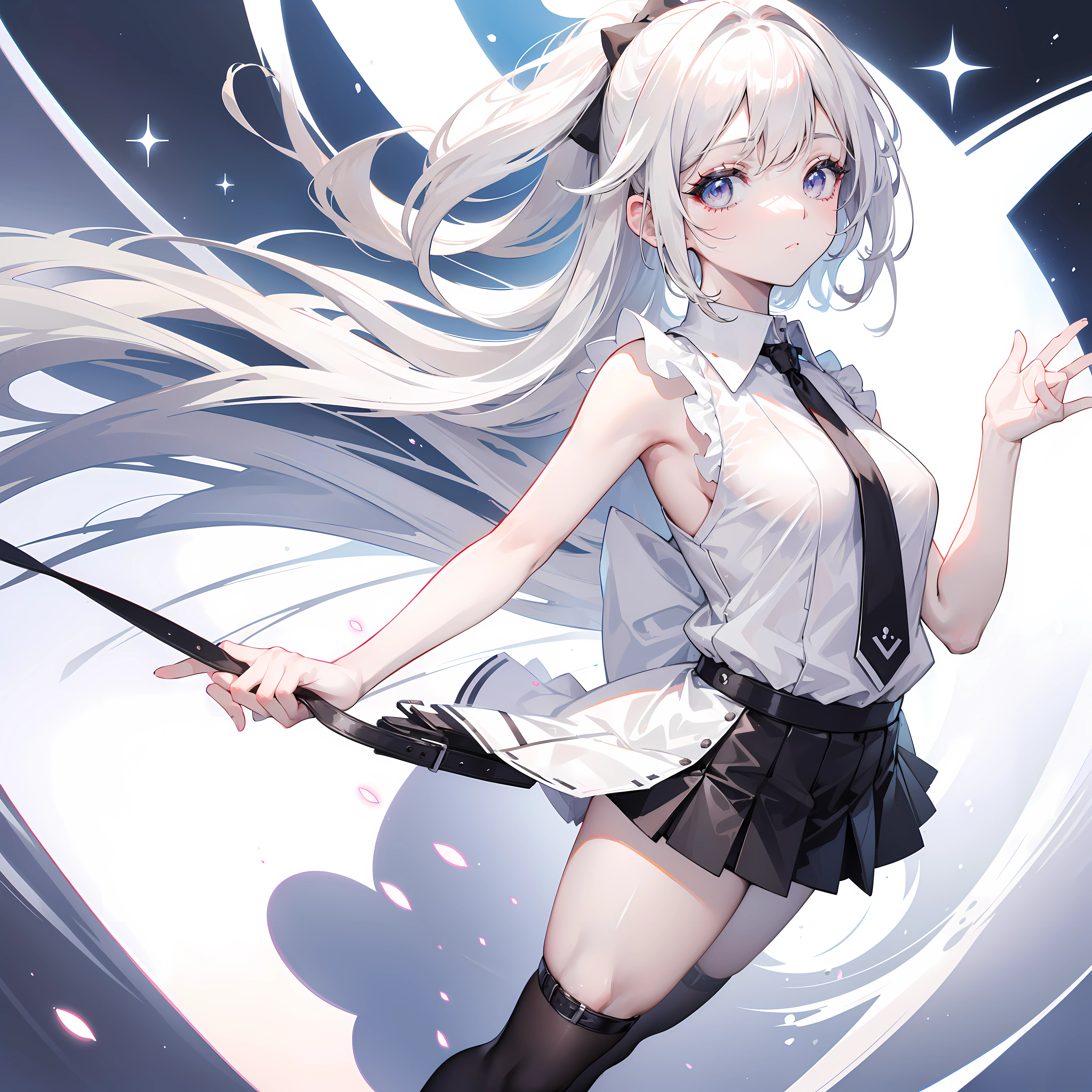best quality, ultra high res, (photorealistic:1.4), 1woman, sleeveless white button shirt, black skirt, black choker, cute, (Kpop idol), (aegyo sal:1), (platinum blonde hair:1), ((puffy eyes)), looking at viewer, full body, facing front