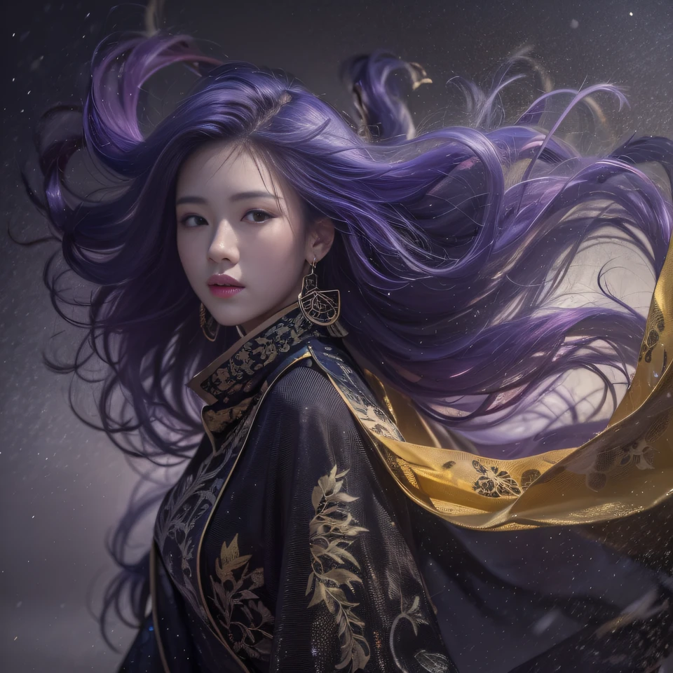 Cornmeal glass 32K(tmasterpiece,k hd,hyper HD,32K)Long flowing bright purple hair,Autumn Pond,zydink, a color, Asian people (Kizi), (Red scarf), Combat posture, looking at the ground, long whitr hair, Floating bright purple, Fire cloud pattern gold tiara, Chinese long-sleeved gold silk garment, (abstract ink splash:1.2), white backgrounid,Lotus protector(realisticlying:1.4),Bright purple hair,Smoke on the road,The background is pure, A high resolution, the detail, RAW photogr, Sharp Re, Nikon D850 Film Stock Photo by Jefferies Lee 4 Kodak Portra 400 Camera F1.6 shots, Rich colors, ultra-realistic vivid textures, Dramatic lighting, Unreal Engine Art Station Trend, cinestir 800,Long flowing bright purple hair
