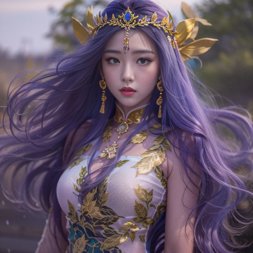 Cornmeal glass 32K（tmasterpiece，k hd，hyper HD，32K）Long flowing bright purple hair，Autumn Pond，zydink， a color， Asian people （Kizi）， （Red scarf）， Combat posture， looking at the ground， long whitr hair， Floating bright purple， Fire cloud pattern gold tiara， Chinese long-sleeved gold silk garment， （abstract ink splash：1.2）， white backgrounid，Lotus protector（realisticlying：1.4），Bright purple hair，Smoke on the road，The background is pure， A high resolution， the detail， RAW photogr， Sharp Re， Nikon D850 Film Stock Photo by Jefferies Lee 4 Kodak Portra 400 Camera F1.6 shots, Rich colors, ultra-realistic vivid textures, Dramatic lighting, Unreal Engine Art Station Trend, cinestir 800，Long flowing bright purple hair