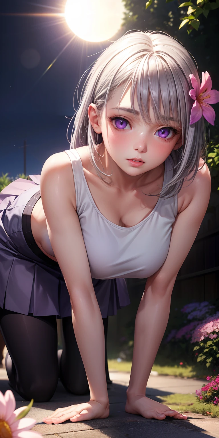realistic, girl single, gray hair, purple eyes, glowing eyes, crop top, skirt, parted lips, blush, night, flower, sun, sunlight, all fours