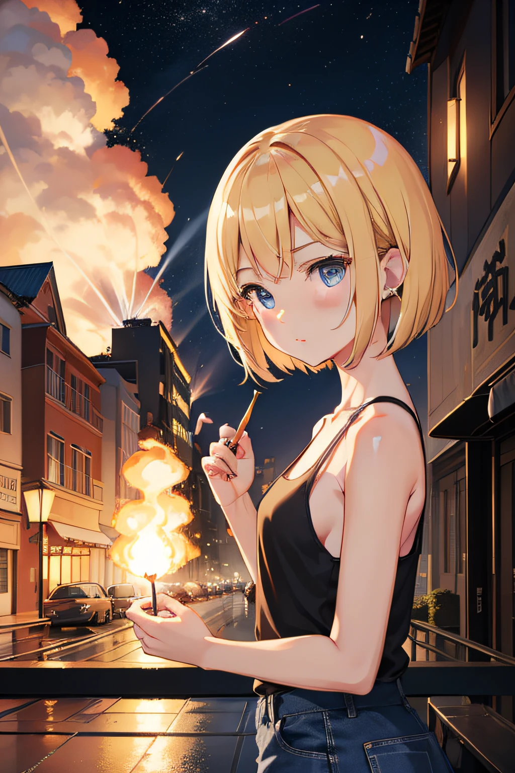 during night、Exploding and burning bases、A building that is exploding、Cute blonde girl holding a lit matchstick、cute face、full bodyesbian、Short Bob Hair、a blond、blue eyes、Black tank top、Blue Jeans Skirt
