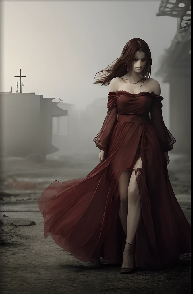 A woman wearing a bloodstained dress stands in a deserted room. Her pale face and graceful figure are as ghostly as a sprite. This mysterious girl, still young, already possesses an astonishing ethereal quality. Her appearance is like a灵魂 departure of a young girl, giving people the feeling of a dramatic portrait painting by Uen. In this eerie and frightening environment, she stands out particularly, like a movie character effortlessly shuttling through the scene. The surrounding atmosphere is dark and scary, leaving people trembling. --auto