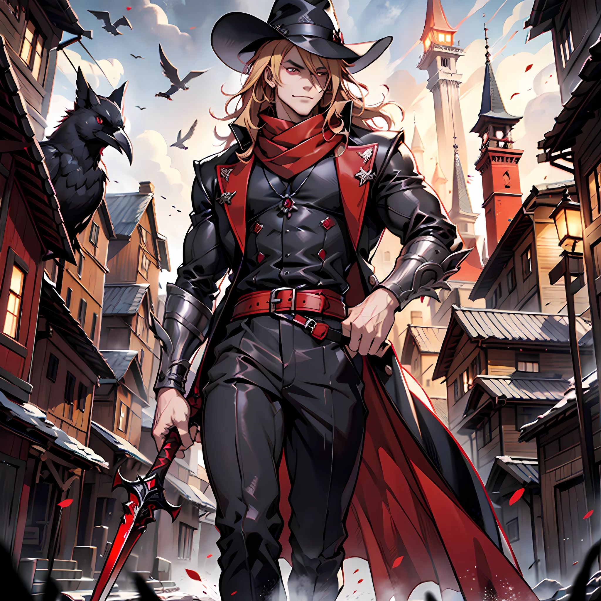 Elegant man, strong physique, scarlet red robe, black colored social pants, black colored social blouse, red boots, messy light blonde hair, evil look, hair up to neck height, dark red colored eyes, noble appearance, holding a spear of blood, ancient village, night, medieval setting, mouth fangs, shadowy creatures nearby,  Red scarf, gorgeous man, black crow hat, black fedora hat.