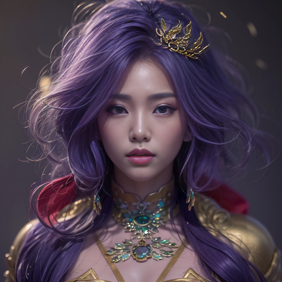 Cornmeal glass 32K(tmasterpiece,k hd,hyper HD,32K)Long flowing bright purple hair,Autumn Pond,zydink, a color, Asian people (Kizi), (Red scarf), Combat posture, looking at the ground, long whitr hair, Floating bright purple, Fire cloud pattern gold tiara, Chinese long-sleeved gold silk garment, (abstract ink splash:1.2), white backgrounid,Lotus protector(realisticlying:1.4),Bright purple hair,Smoke on the road,The background is pure, A high resolution, the detail, RAW photogr, Sharp Re, Nikon D850 Film Stock Photo by Jefferies Lee 4 Kodak Portra 400 Camera F1.6 shots, Rich colors, ultra-realistic vivid textures, Dramatic lighting, Unreal Engine Art Station Trend, cinestir 800,Long flowing bright purple hair