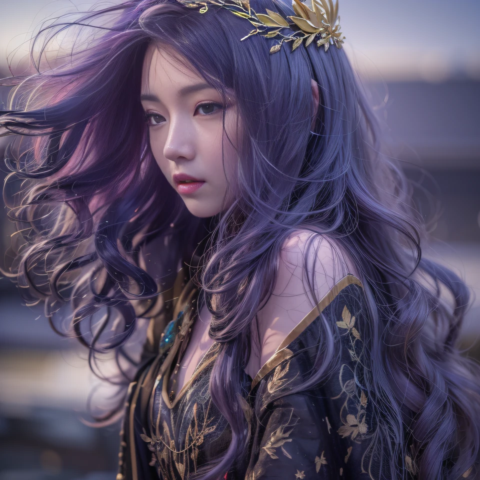 Cornmeal glass 32K(tmasterpiece,k hd,hyper HD,32K)Long flowing bright purple hair,Autumn Pond,zydink, a color, Asian people (Kizi), (Red scarf), Combat posture, looking at the ground, long whitr hair, Floating bright purple, Fire cloud pattern gold tiara, Chinese long-sleeved gold silk garment, (abstract ink splash:1.2), white backgrounid,Lotus protector(realisticlying:1.4),Bright purple hair,Smoke on the road,The background is pure, A high resolution, the detail, RAW photogr, Sharp Re, Nikon D850 Film Stock Photo by Jefferies Lee 4 Kodak Portra 400 Camera F1.6 shots, Rich colors, ultra-realistic vivid textures, Dramatic lighting, Unreal Engine Art Station Trend, cinestir 800,Long flowing bright purple hair