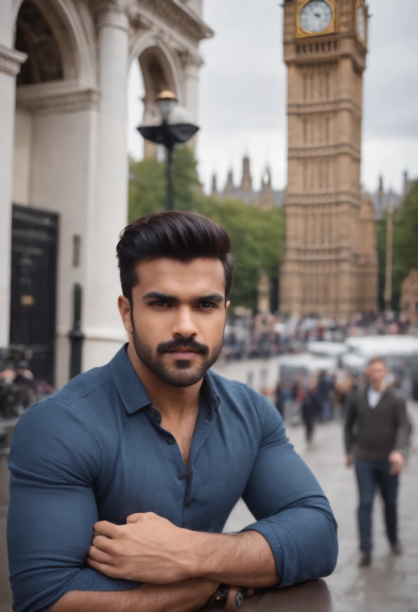 (((masterpiece))) wide angle, portrait of bollywood actor Ram Charan, ram charan look alike, wearing casual clothes, in London, not wearing glasses, properly drawn hands, 4k, 8k, high resolution, full realistic photograph, real life character, Big ben in background, blur background
