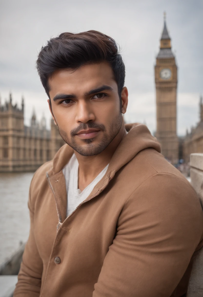 (((masterpiece))) wide angle, portrait of bollywood actor Ram Charan, ram charan look alike, wearing casual clothes, in London, not wearing glasses, properly drawn hands, 4k, 8k, high resolution, full realistic photograph, real life character, Big ben in background, blur background