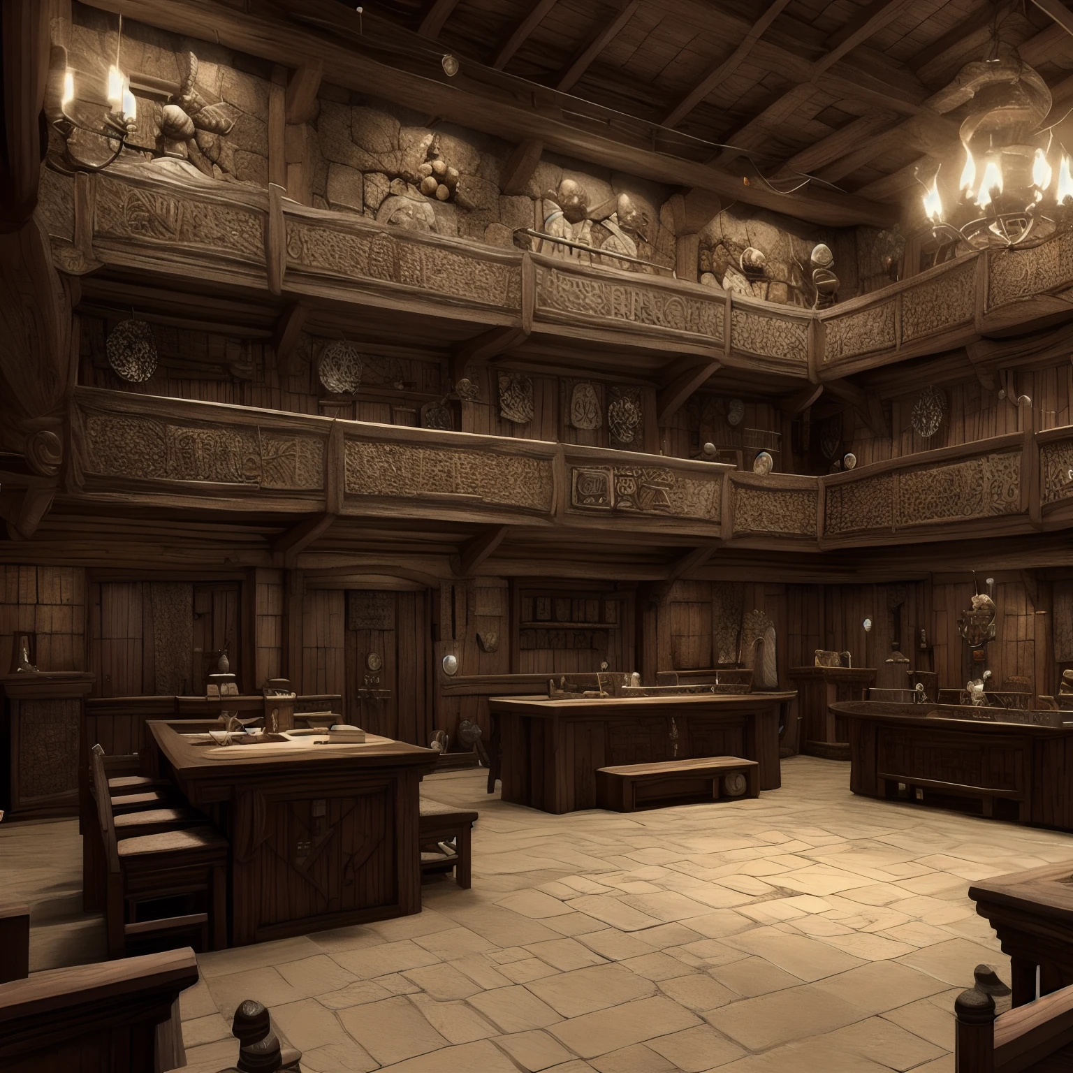 Tribunal, sala redonda, estilo medieval, feita de madeira, dwarf architecture, room of a mansion, RPG dnd, d&d 5e,