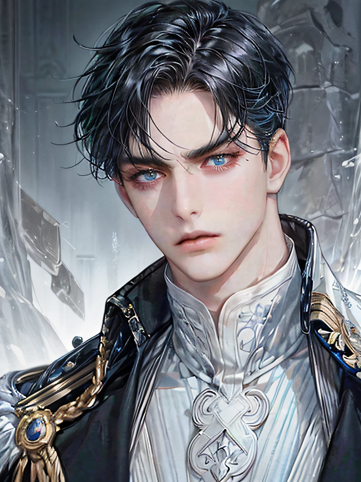 A close up of a man with a black jacket and blue eyes - SeaArt AI