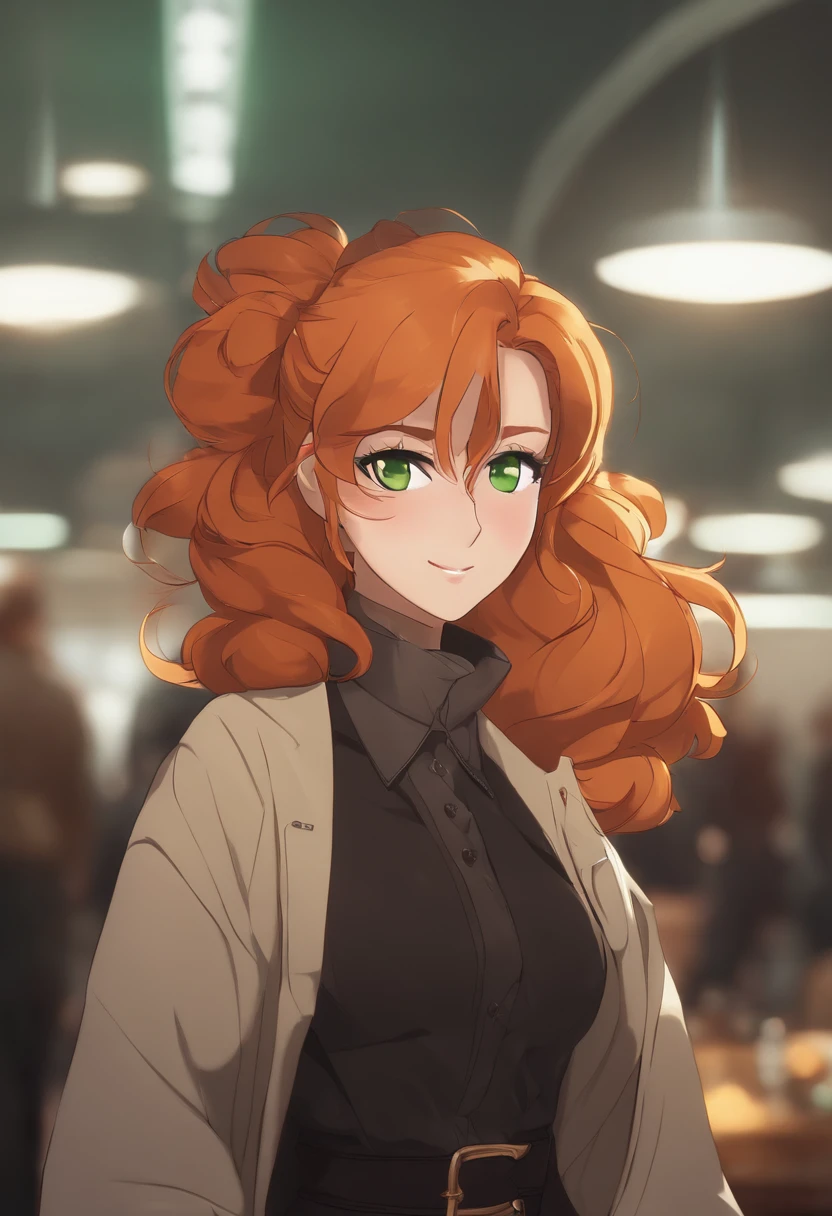 ((highest quality, masterpiece, 1 female, stunning, female, adult female, older lady, large breasts, tall height((big hair)), looking at the viewer ((green eyes)), ((orange hair, hair tied), standing, piercings, older face, adult, anime version, black coat outfit, tall female, anime, coat outfit, showing the whole character