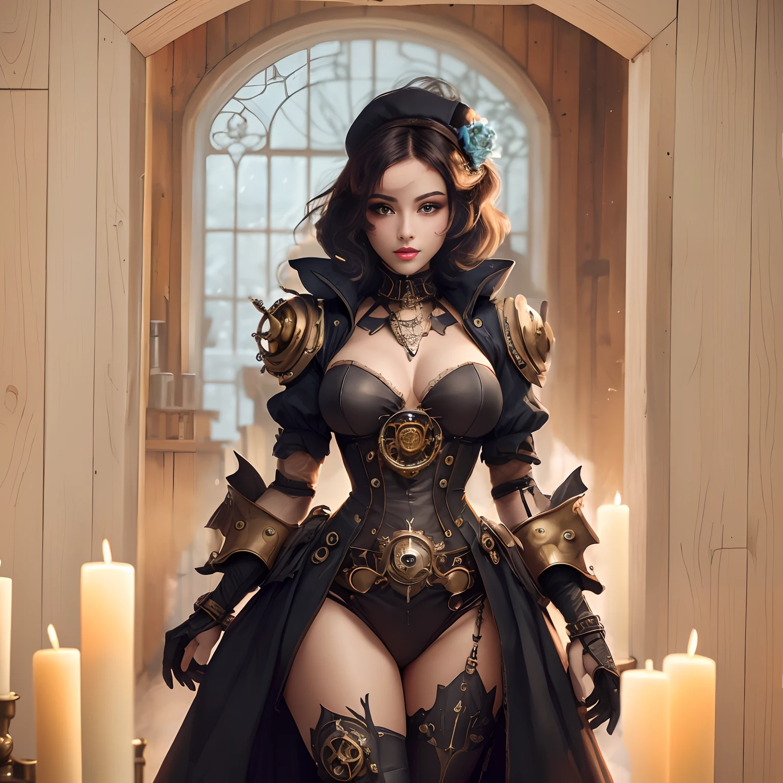 In the background is a wooden tavern illuminated by a fire lamp and candles, she has beautiful and voluminous hair with some steampunk decoration,
On his chest he shows off a beautiful bright aquamarine medallion