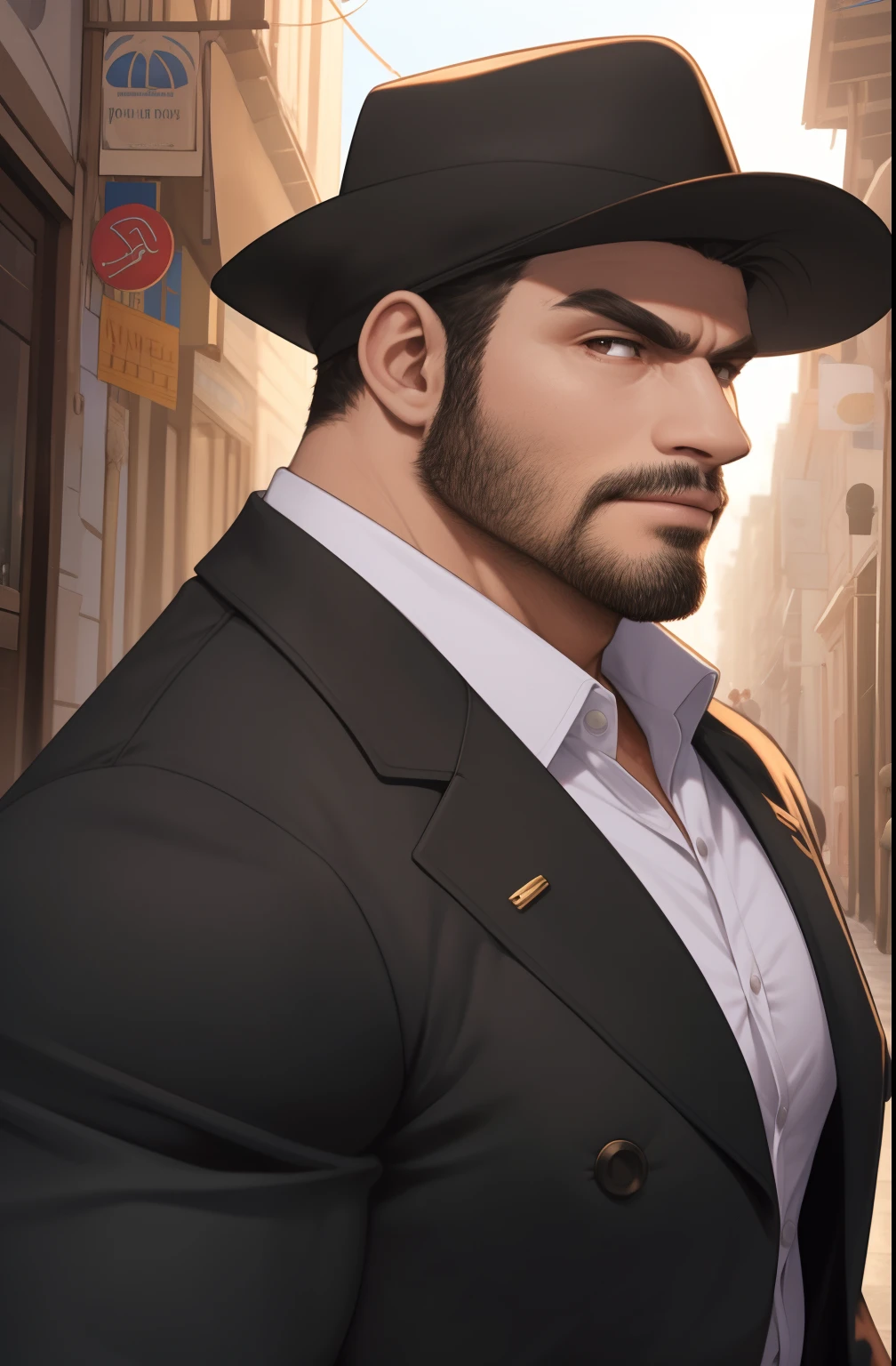 Velho musculoso, barrigudo e calvo, (Lobo Negro Peludo) Andar na cidade usando jaqueta, Mafioso hat , peitoral, sentado, musculoso, barbado, ((Homem 50 anos))