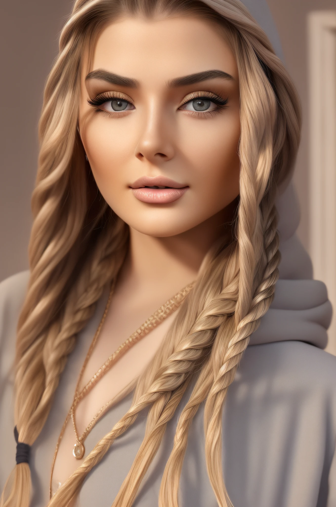 beautiful Caucasian, one woman, bright eyes, long hair, braids, riad background, photography, ultra realism, soft lighting, iridescent, (masterpiece), (best quality) (detailed) (8k) (HDR) (cinematic lighting) (sharp focus) (intricate), hyper-realistic, color graded, ultra high quality, stunning, hoodie