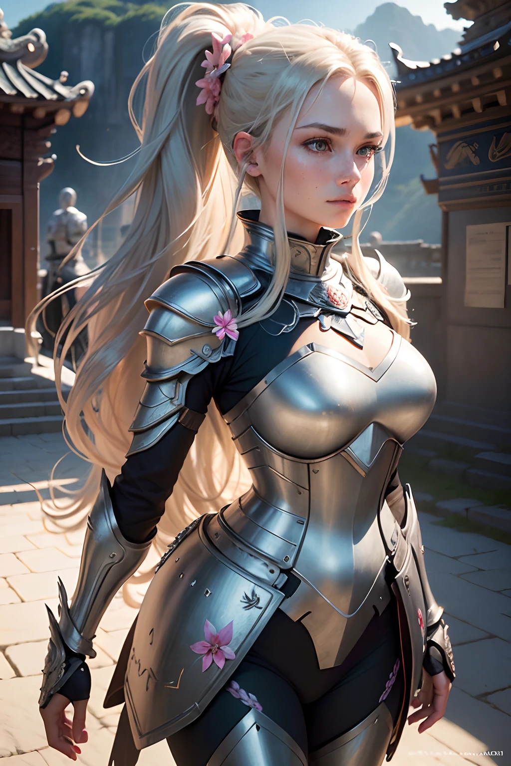 (8K, best quality:1.2), (masterpiece:1.37), (photo, photorealistic:1.37), (ultrahigh-res), half body, walking pose, shot from front, slow motion, female paladin wearing the full body, (light silver armour:1.2),(ornately decorated armor), (insanely detailed, bloom:1.5), (highest quality, Alessandro Casagrande, Greg Rutkowski, Sally Mann, concept art, 4k), (analog:1.2), (high sharpness), (detailed pupils:1.1), detailed face and eyes, Masterpiece, best quality, (highly detailed photo:1.1), (long blonde Hair, ponytail,ecstatic:1.1), (young woman:1.1), sharp, (perfect body:1.1), realistic, real shadow, 3d, (temple background:1.2), arms crossed over the chest
photographed by Canan EOS R6, 135mm, 1/1250s, f/2.8, ISO 400