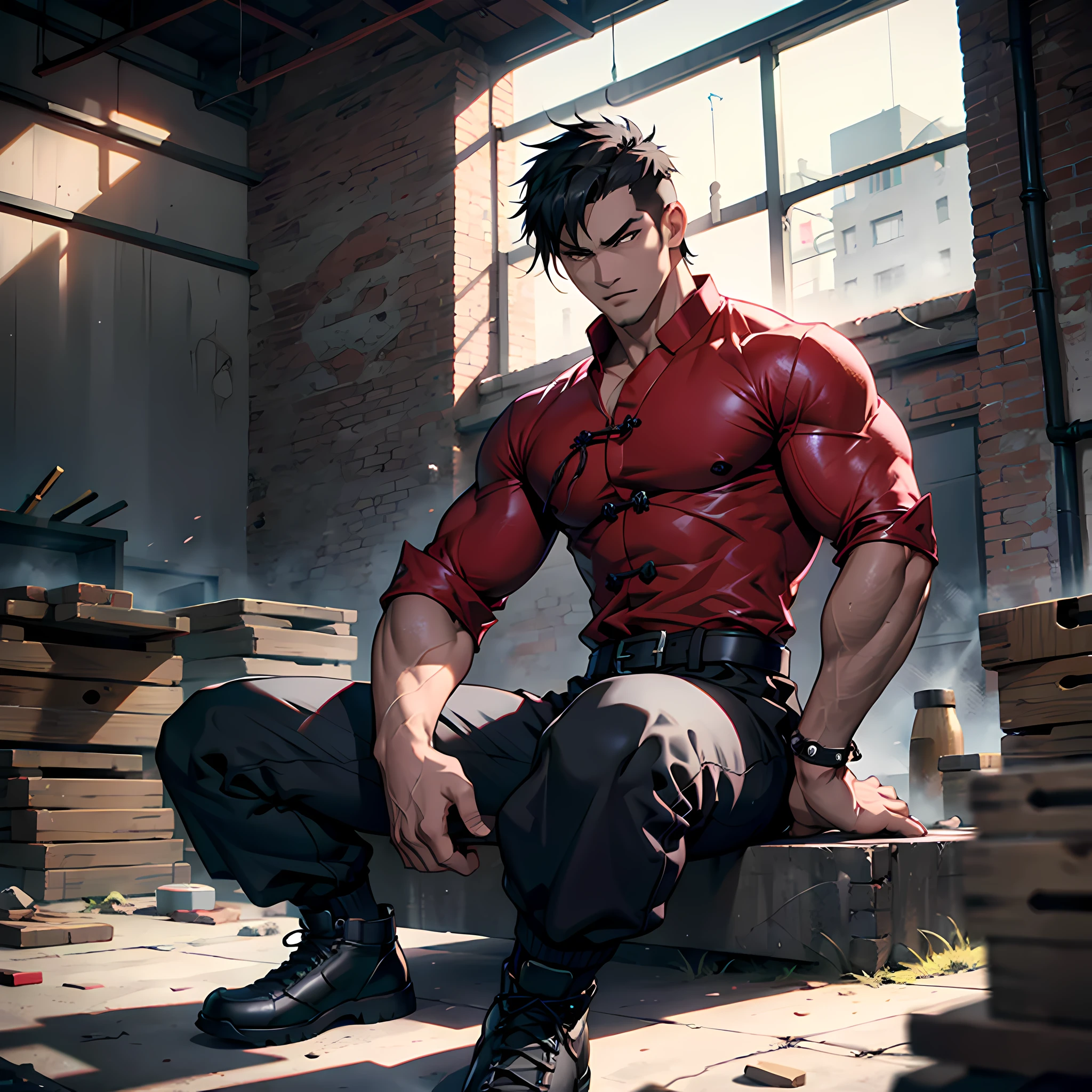 muscular man, defined body, developed physique, kung fu fighter, red blouse with buttons, long black pants of black color, black belt at the waist, spiky hair, short hair of black color (hair with pink locks at the ends), kung fu shoes, look of tiredness, sitting on the burdens of an old warehouse, abandoned warehouse from the interior,  medieval setting, fantasy.