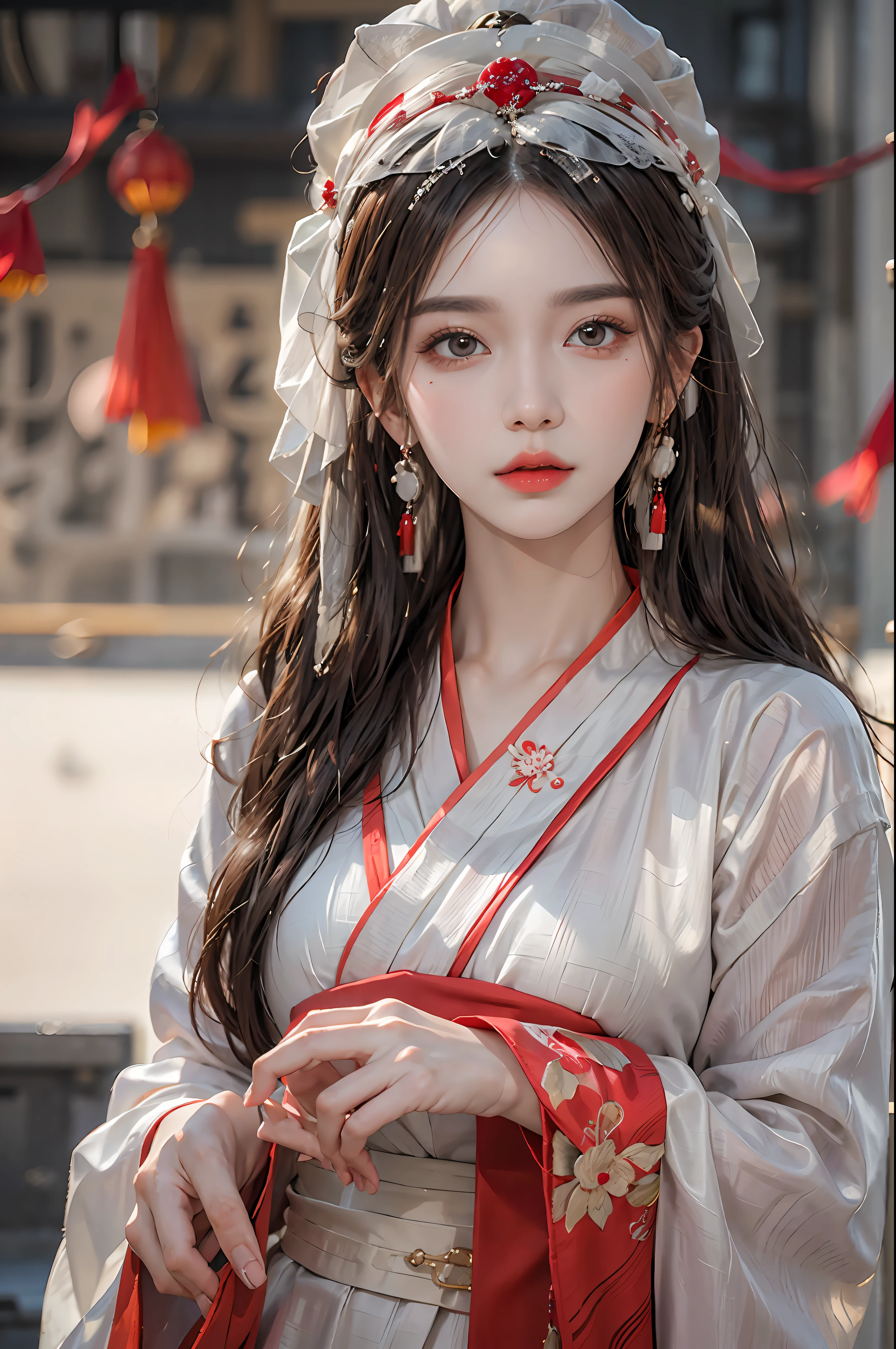 photorealistic, high resolution, 1 women, solo, hips up, beautiful eyes, long hair, red wedding hanfu, red dot on forehead chinese, gorgeous accessories, wearing pearl earrings